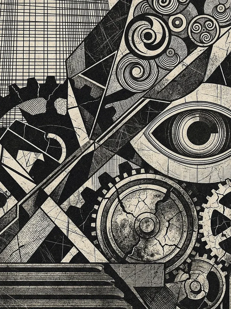 Monochrome contrast highlights a watchful eye embedded within a complex arrangement of gears, cogs, and geometric linework. This textured woodcut-style illustration features industrial themes and surrealist elements in deep black and aged cream tones. Artwork by Constantine Cheshire