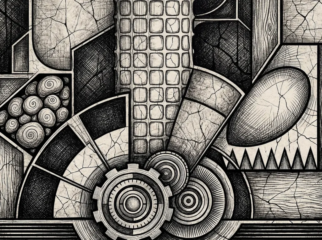 Evoking a sense of intricate precision, this illustration features a central interlocking gear surrounded by textured geometric forms and fine cross-hatching. The monochromatic artwork blends architectural grids with organic wood grain patterns to create a complex industrial landscape. Artwork by Constantine Cheshire