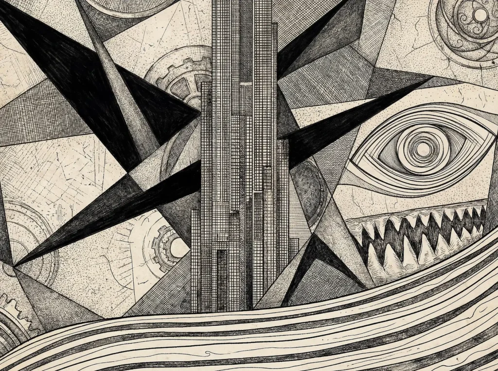 Ink on aged parchment textures create a dense composition of geometric shards, clockwork gears, and a central skyscraper. This surrealist illustration features an all-seeing eye and jagged teeth, evoking a sense of industrial surveillance and urban anxiety through intricate cross-hatching and monochrome tones. Artwork by Constantine Cheshire