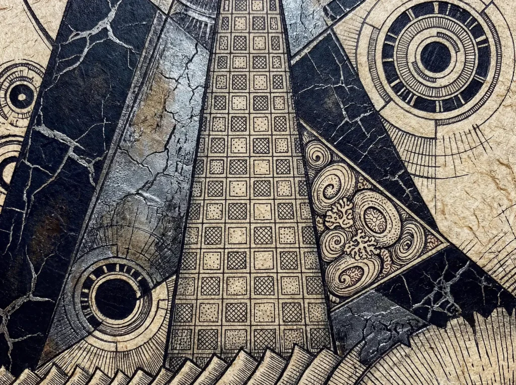 Rising upward, this central grid tower anchors a complex arrangement of cracked black panels and mechanical circular motifs. The mixed-media piece combines detailed ink patterns with a cream and black color palette to create a steampunk-inspired architectural mood. Artwork by Constantine Cheshire
