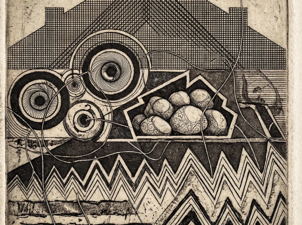 Etched lines and cross-hatched textures define this monochrome composition featuring a nest of patterned stones amidst sharp zigzags and concentric circles. This surrealist artwork balances rigid geometric shapes with soft organic forms in a detailed ink print style. Artwork by Constantine Cheshire