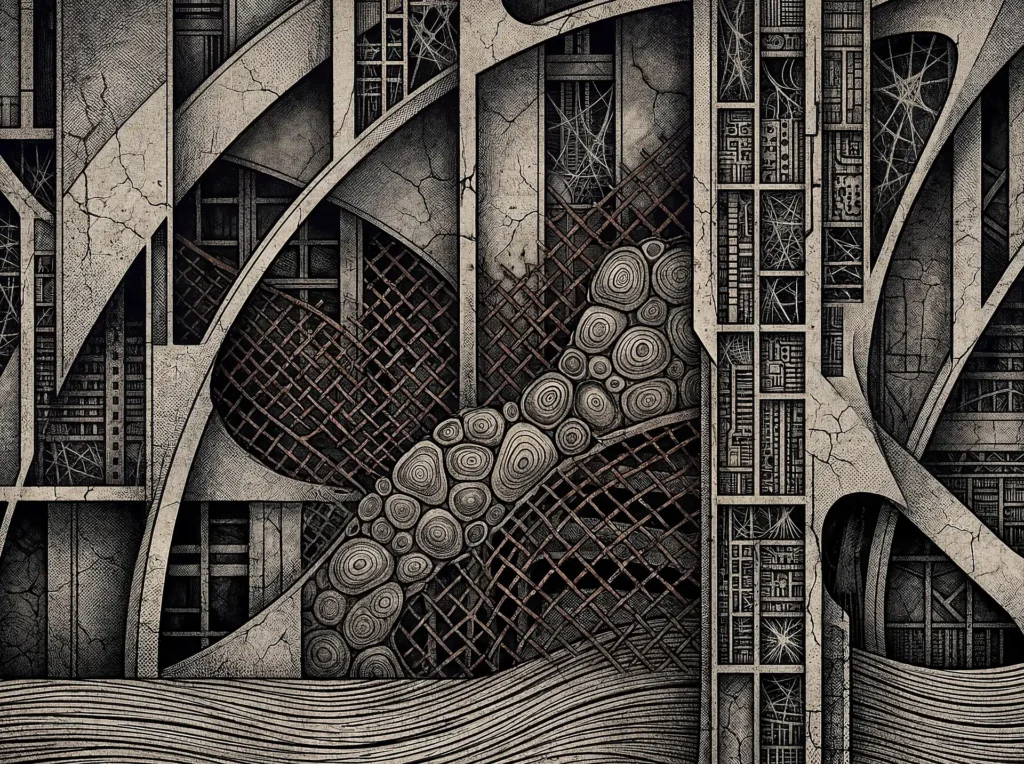 Ink-etched textures and cracked stone surfaces define this complex composition of industrial grids and organic, tentacle-like forms. The monochrome artwork blends mechanical precision with biological shapes to create a surreal, steampunk-inspired landscape. Artwork by Constantine Cheshire