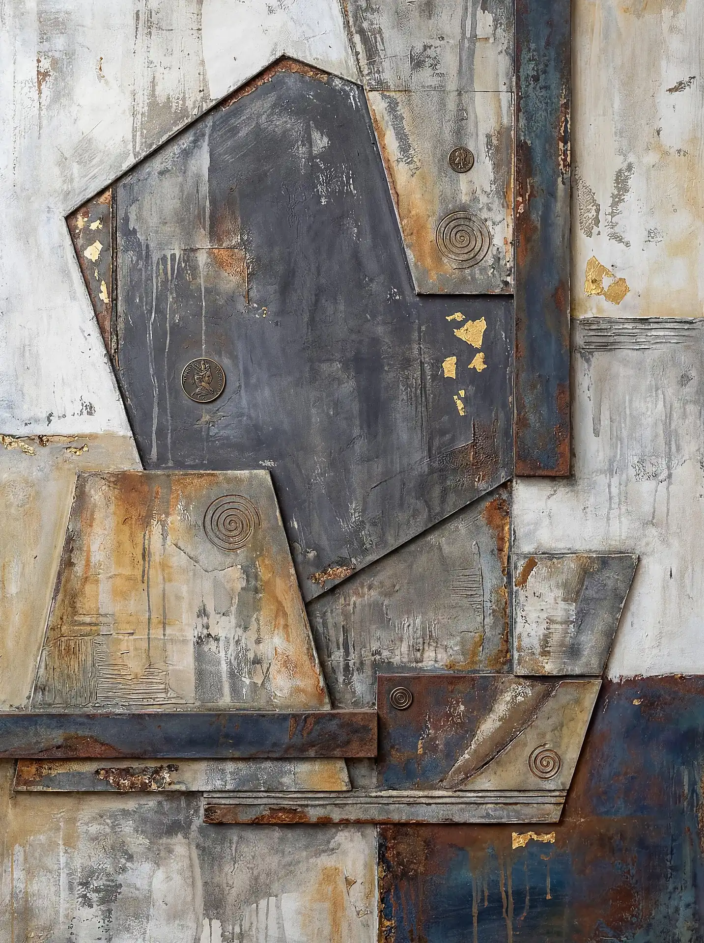 A layered arrangement of geometric metal plates and weathered surfaces creates a rugged industrial aesthetic. This mixed media piece features a palette of rust brown, slate blue, and charcoal gray accented by delicate gold leaf and embossed spiral medallions. Artwork by Constantine Cheshire
