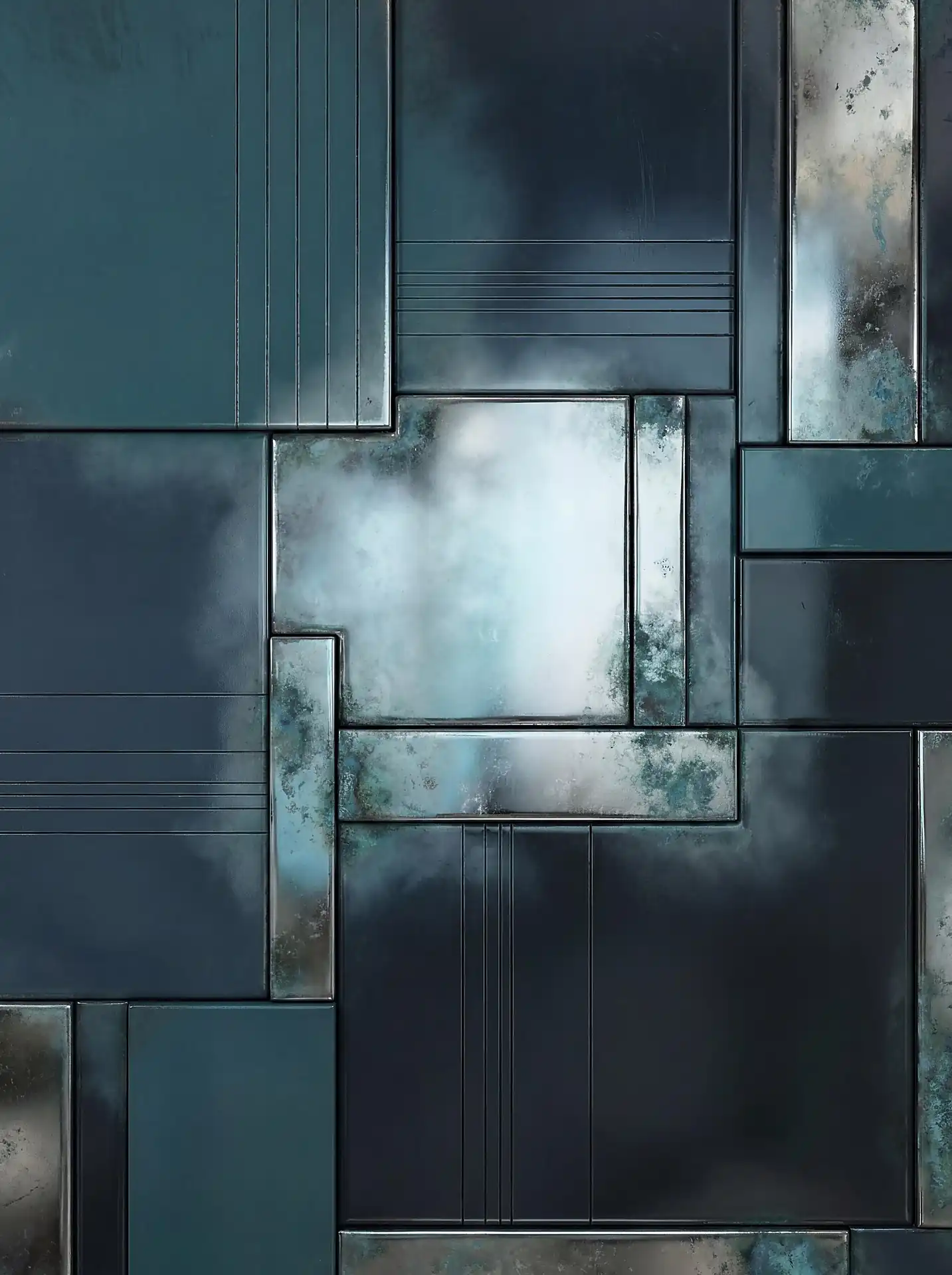 A complex arrangement of interlocking rectangular tiles creates a moody industrial landscape. This abstract digital artwork combines deep navy and teal hues with weathered metallic textures and hazy, cloud-like reflections for a cold, futuristic atmosphere. Artwork by Constantine Cheshire