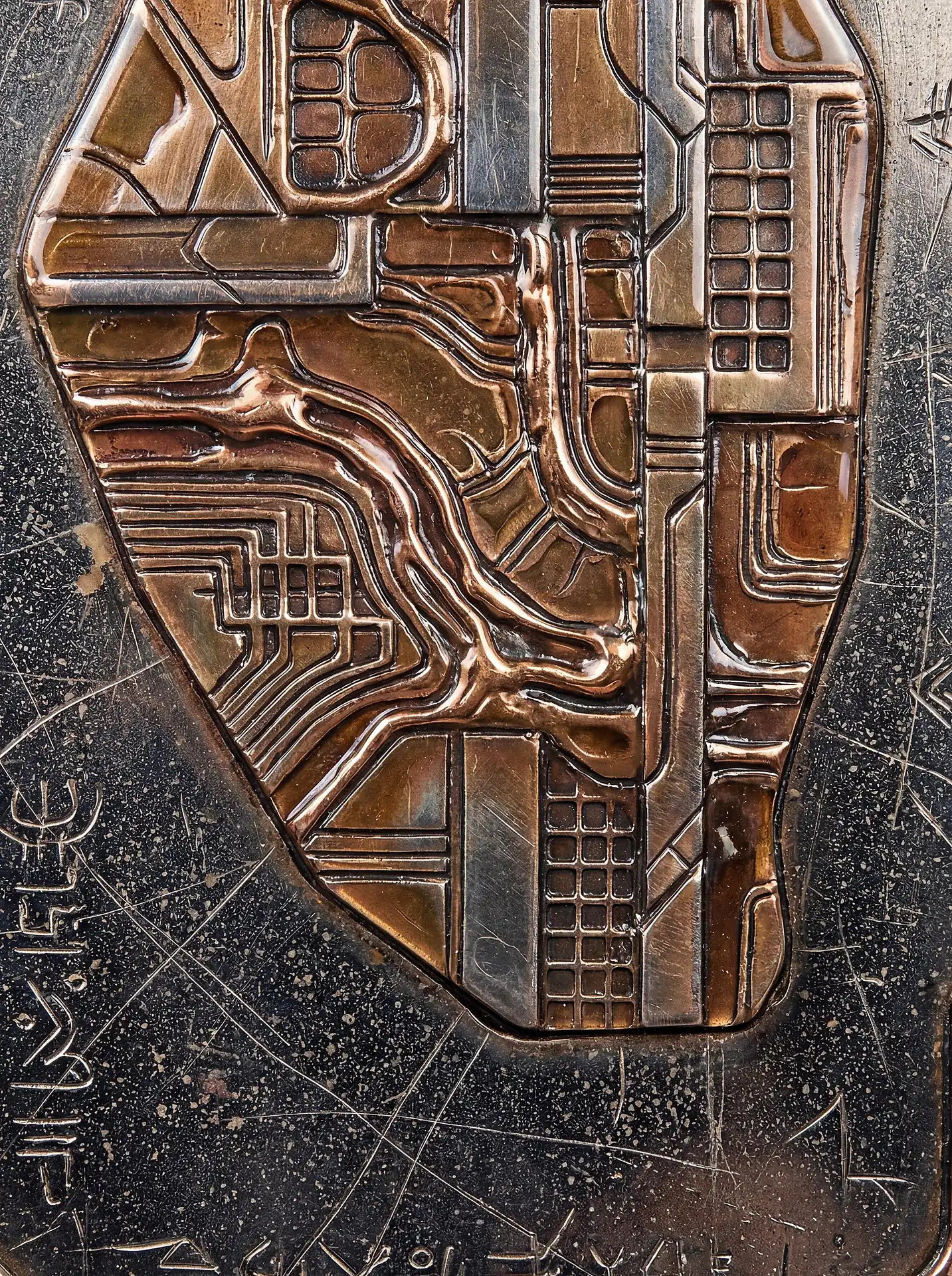 Layering of weathered metal textures and raised copper circuitry creates a complex, industrial composition. This sci-fi relief art features intricate mechanical patterns and etched alien glyphs in a dark, moody bronze and charcoal color palette. Artwork by Constantine Cheshire