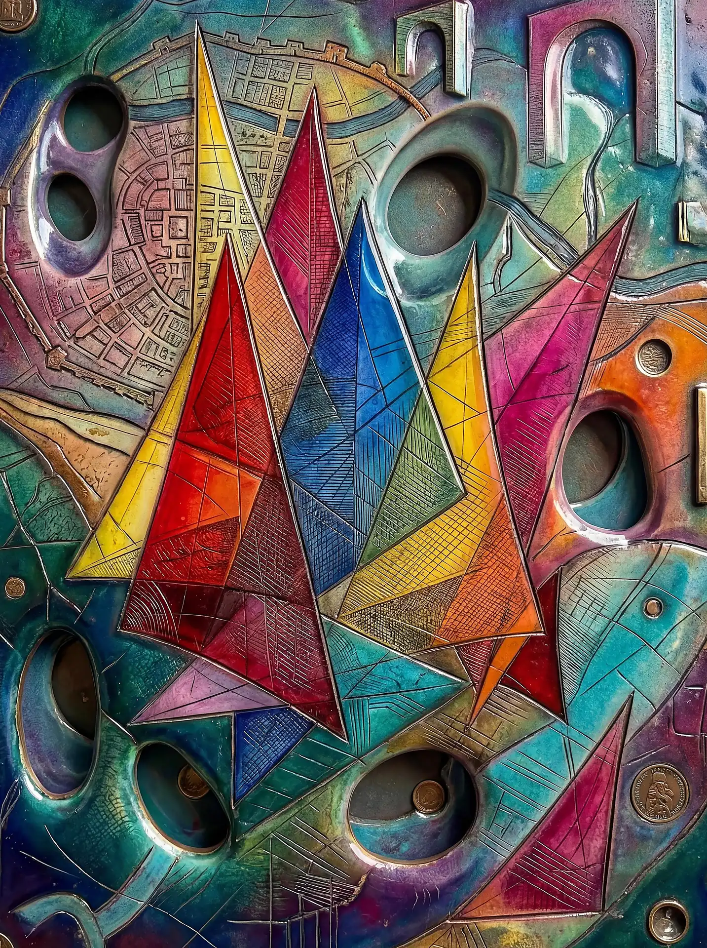 Surging forward, vibrant triangular sails anchor this complex abstract relief featuring intricate city map engravings and organic carved textures. This multifaceted piece combines bold primary colors with metallic sheens and geometric precision for a modern artistic aesthetic. Artwork by Constantine Cheshire