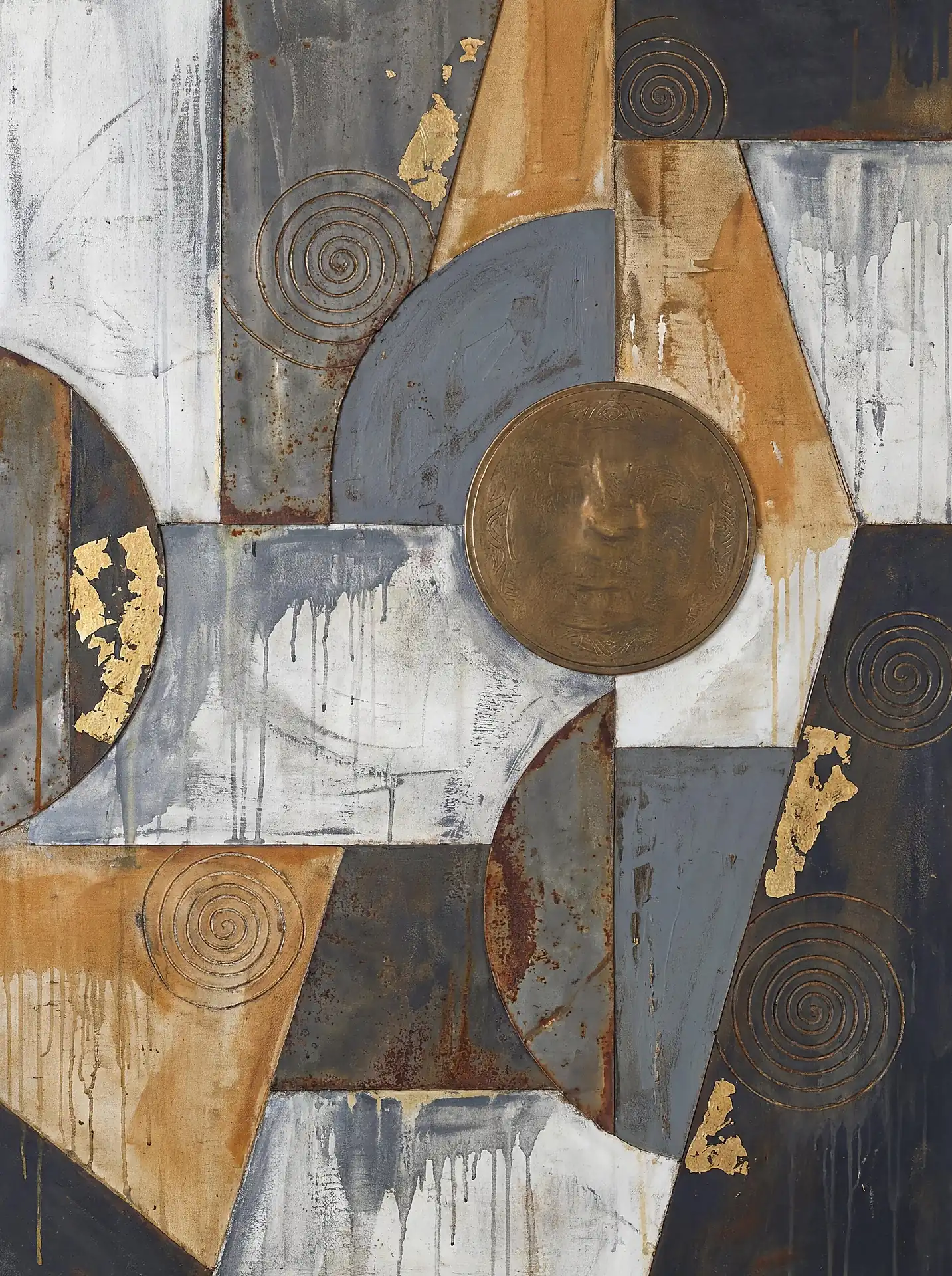 Weathered metal textures and shimmering gold leaf characterize this abstract mixed media piece. The composition balances heavy geometric blocks with delicate incised spirals and vertical paint drips in a sophisticated palette of slate grey, rust, and metallic gold. Artwork by Constantine Cheshire