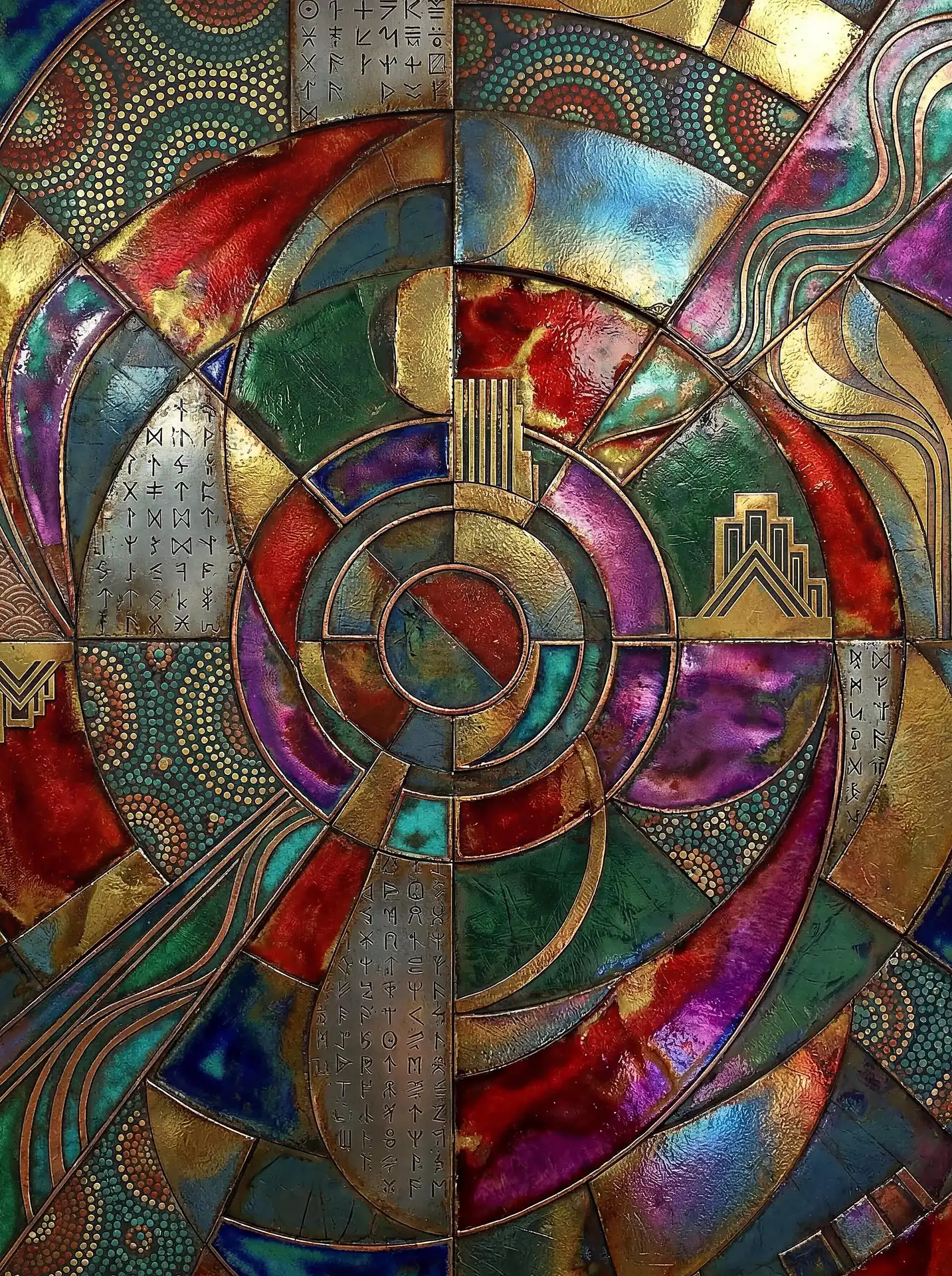 Mystical and ancient, this artwork features golden runes etched into a vibrant spiral of iridescent metallic colors and geometric patterns. The composition combines elements of alchemy and fantasy with a rich palette of emerald, ruby, and violet tones. Artwork by Constantine Cheshire