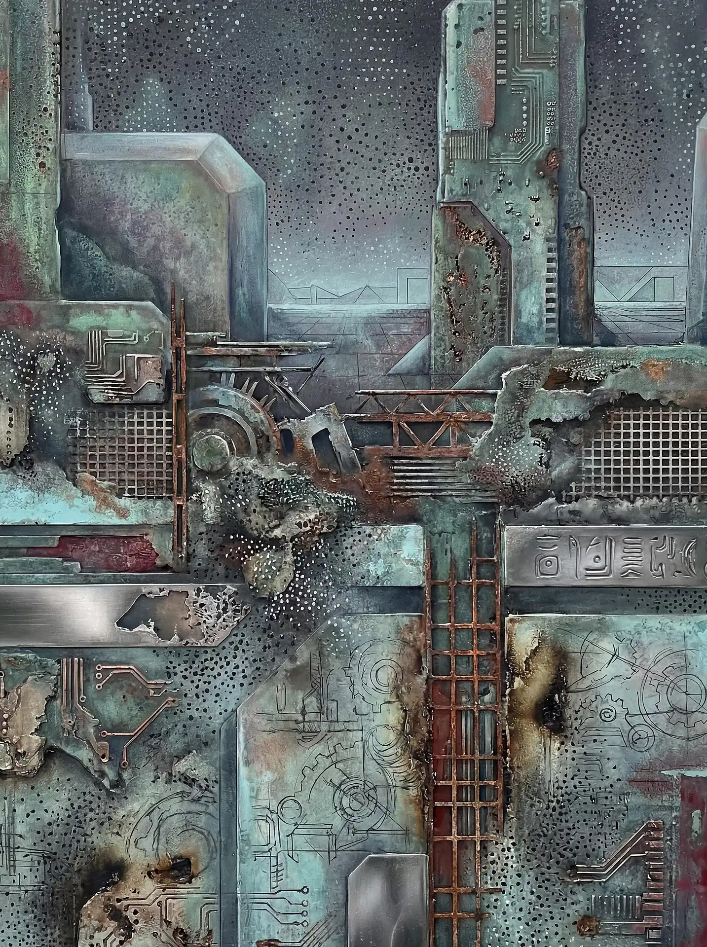 Subdued teal and oxidized copper tones highlight a complex mechanical landscape of circuit boards and rusted gears. This mixed-media artwork evokes a sense of forgotten technology and futuristic decay through intricate stippling and weathered textures. Artwork by Constantine Cheshire