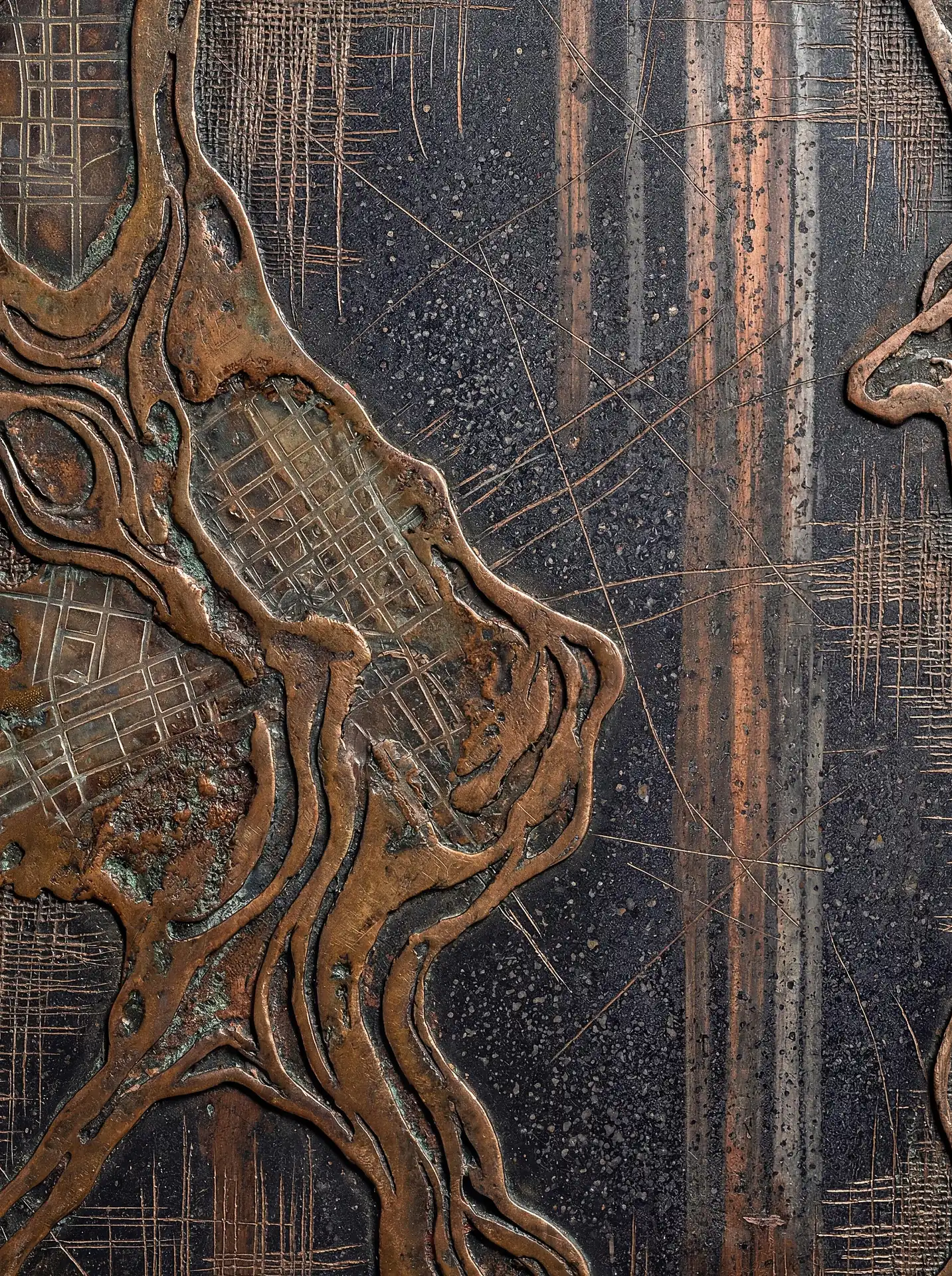 Somber and industrial, this cast metal relief showcases molten copper veins flowing across a dark etched surface. The intricate interplay of geometric grid patterns and organic shapes creates a rugged, architectural aesthetic. Artwork by Constantine Cheshire