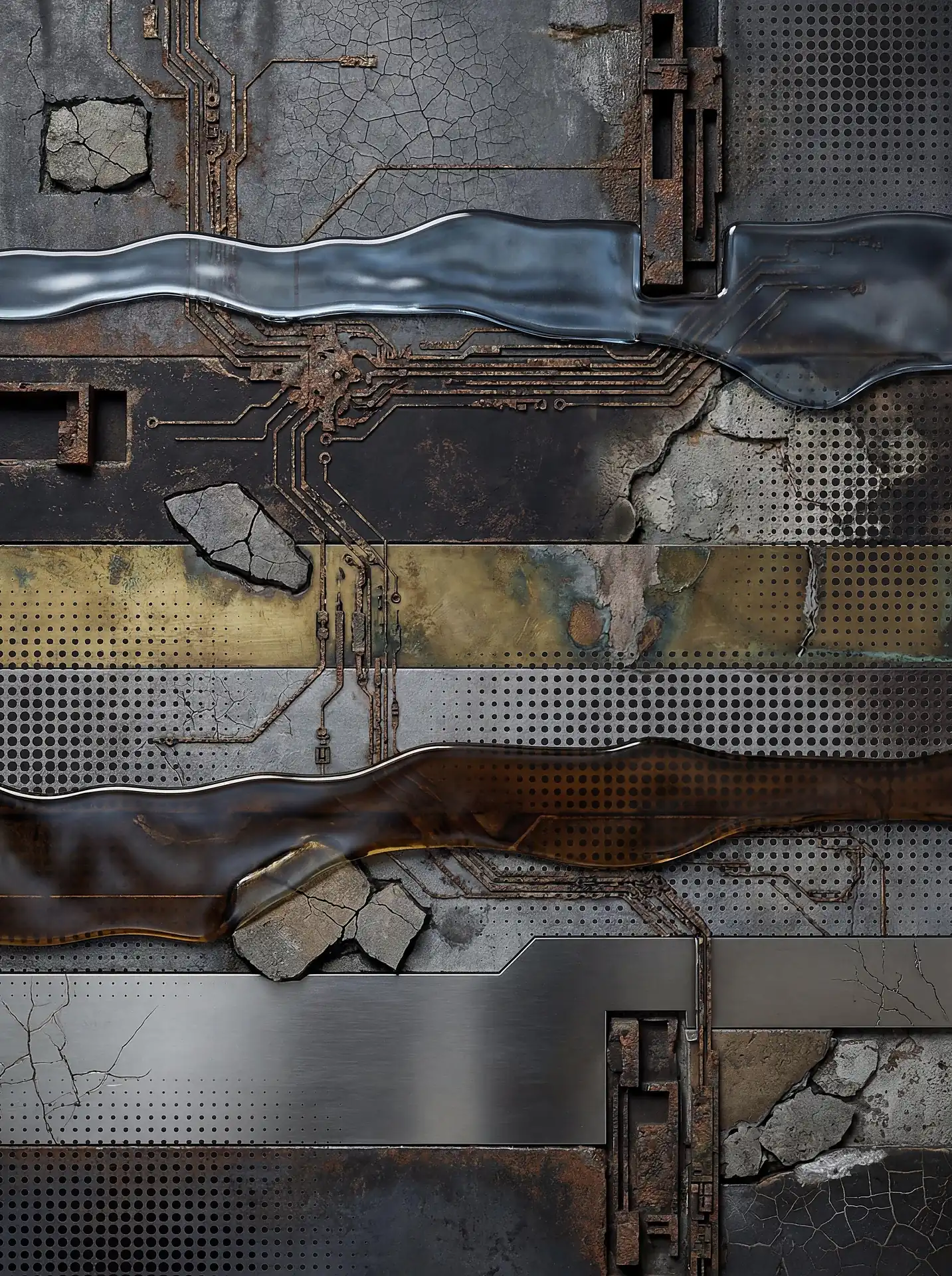 Rusted steel, weathered copper, and circuit board patterns create a complex relief across this horizontal composition. Dark metallic plates are accented by translucent liquid glass waves and halftone dot patterns, evoking a gritty futuristic or steampunk atmosphere. Artwork by Constantine Cheshire