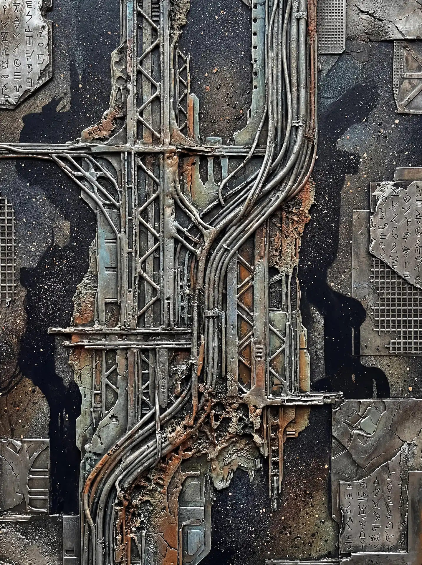 Layered textures and intricate greebling define this dark industrial wall art featuring a complex arrangement of weathered pipes, wires, and metallic panels. The piece blends futuristic technology with ancient etched symbols in a gritty, high-contrast composition of deep blacks, rusted copper, and cool metallic silver tones. Artwork by Constantine Cheshire