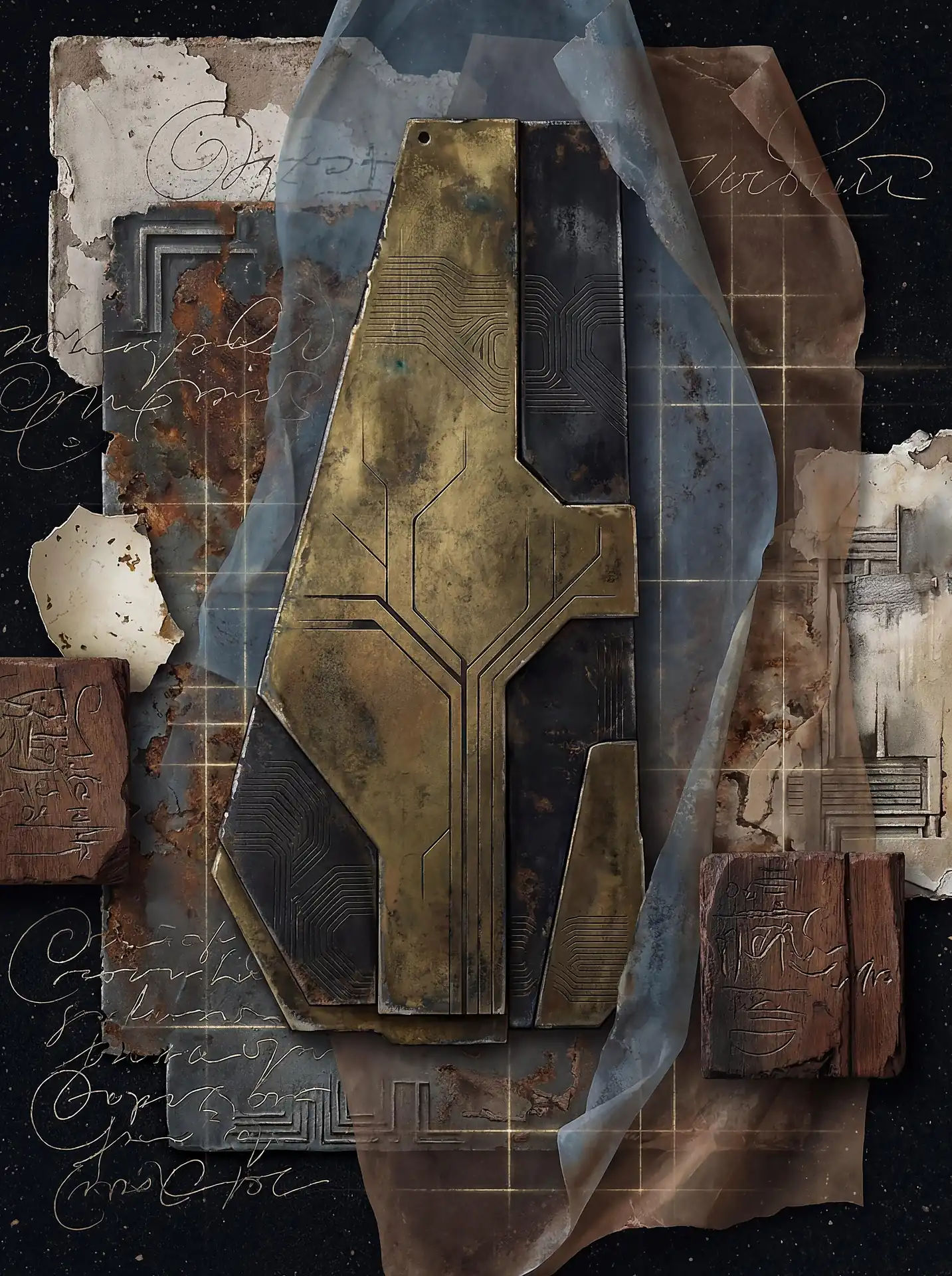 Weathered brass plates and translucent blue mesh overlap aged parchment filled with cursive script and architectural grids. This industrial mixed-media collage blends mechanical circuitry patterns with antique textures in a palette of bronze, rust, and slate grey. Artwork by Constantine Cheshire