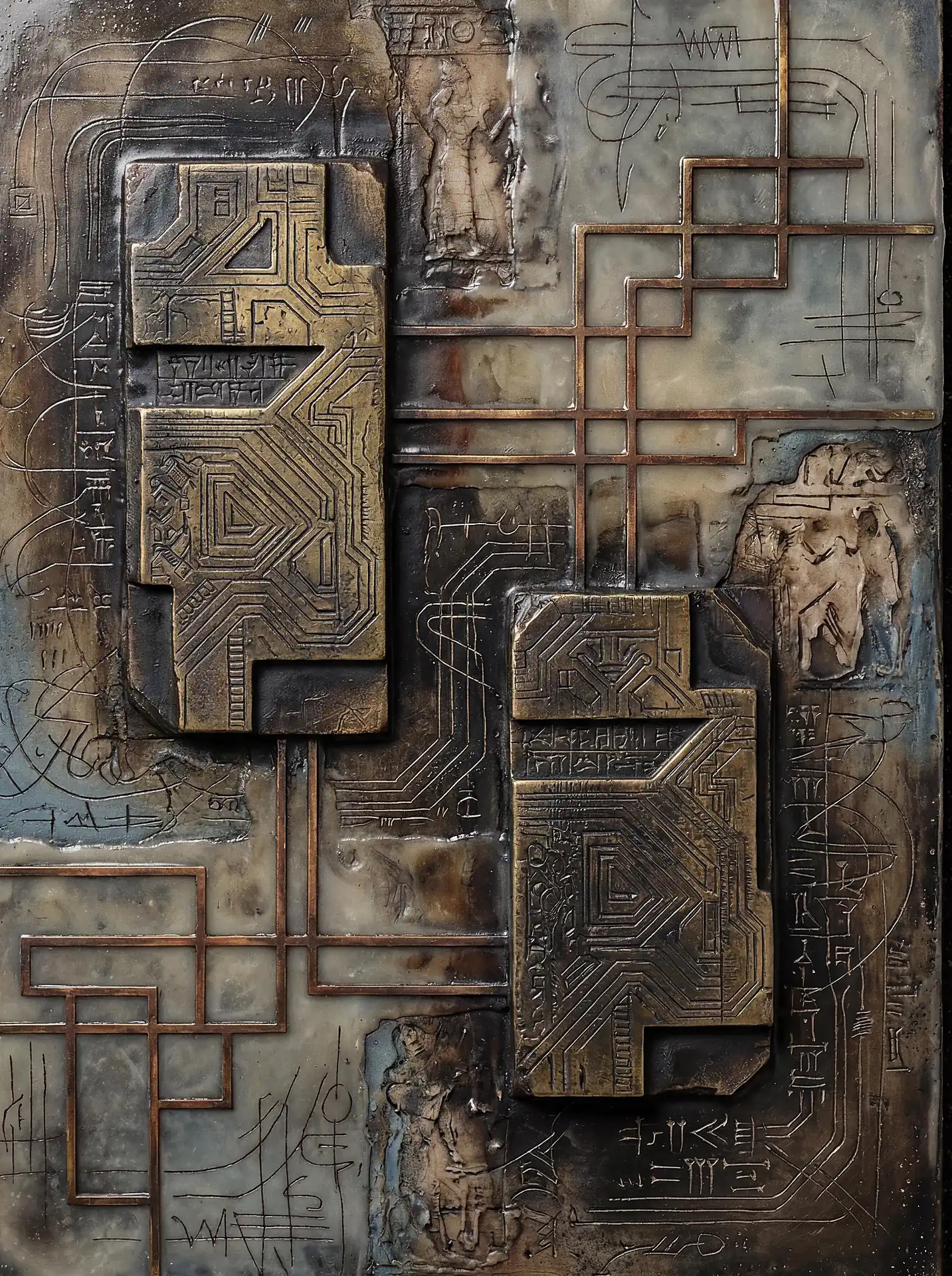 Evoking a sense of mysterious history, this mixed-media bas-relief merges the weathered textures of ancient cuneiform tablets with modern industrial circuitry. The artwork features metallic bronze and muted grey tones, creating a complex interplay between past civilizations and future technology. Artwork by Constantine Cheshire