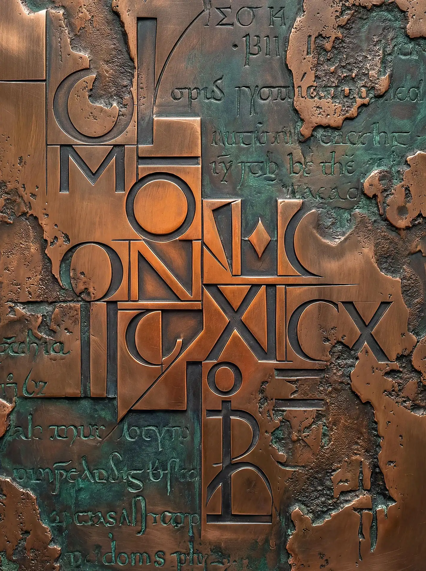 Layering of geometric latin letterforms over a deeply weathered and oxidized bronze surface creates a sense of historical mystery. This bronze sculpture features rich copper tones contrasted against emerald green patina, showcasing a blend of traditional calligraphy and abstract metallic textures. Artwork by Constantine Cheshire