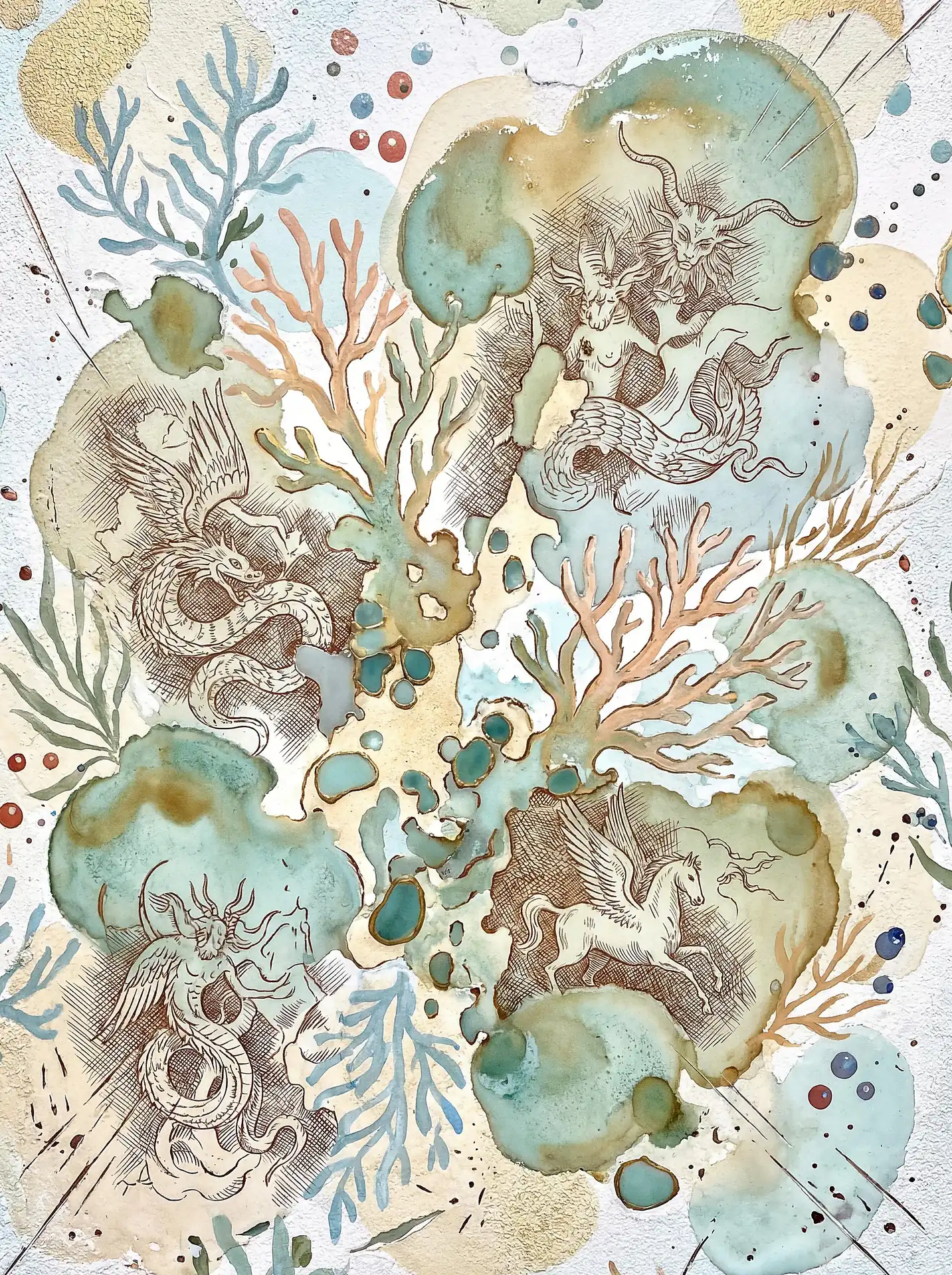 Ethereal and mysterious, this mixed media artwork features fine-line etchings of a pegasus and dragon woven into soft teal watercolor blooms and golden coral branches. The composition blends classical mythology with contemporary fluid art techniques to create a whimsical underwater narrative. Artwork by Constantine Cheshire