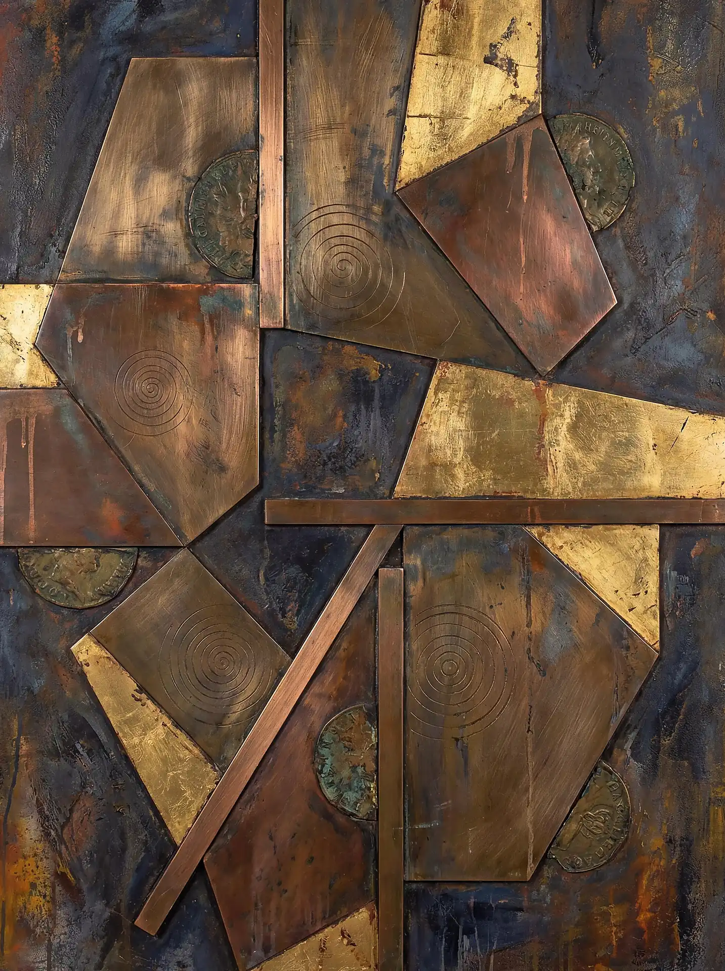 Weathered copper and gold leaf textures are layered into a geometric composition featuring engraved spirals and embedded antique coins. This industrial mixed-media artwork combines metallic tones with dark patinas to create a sophisticated, textured abstract scene. Artwork by Constantine Cheshire