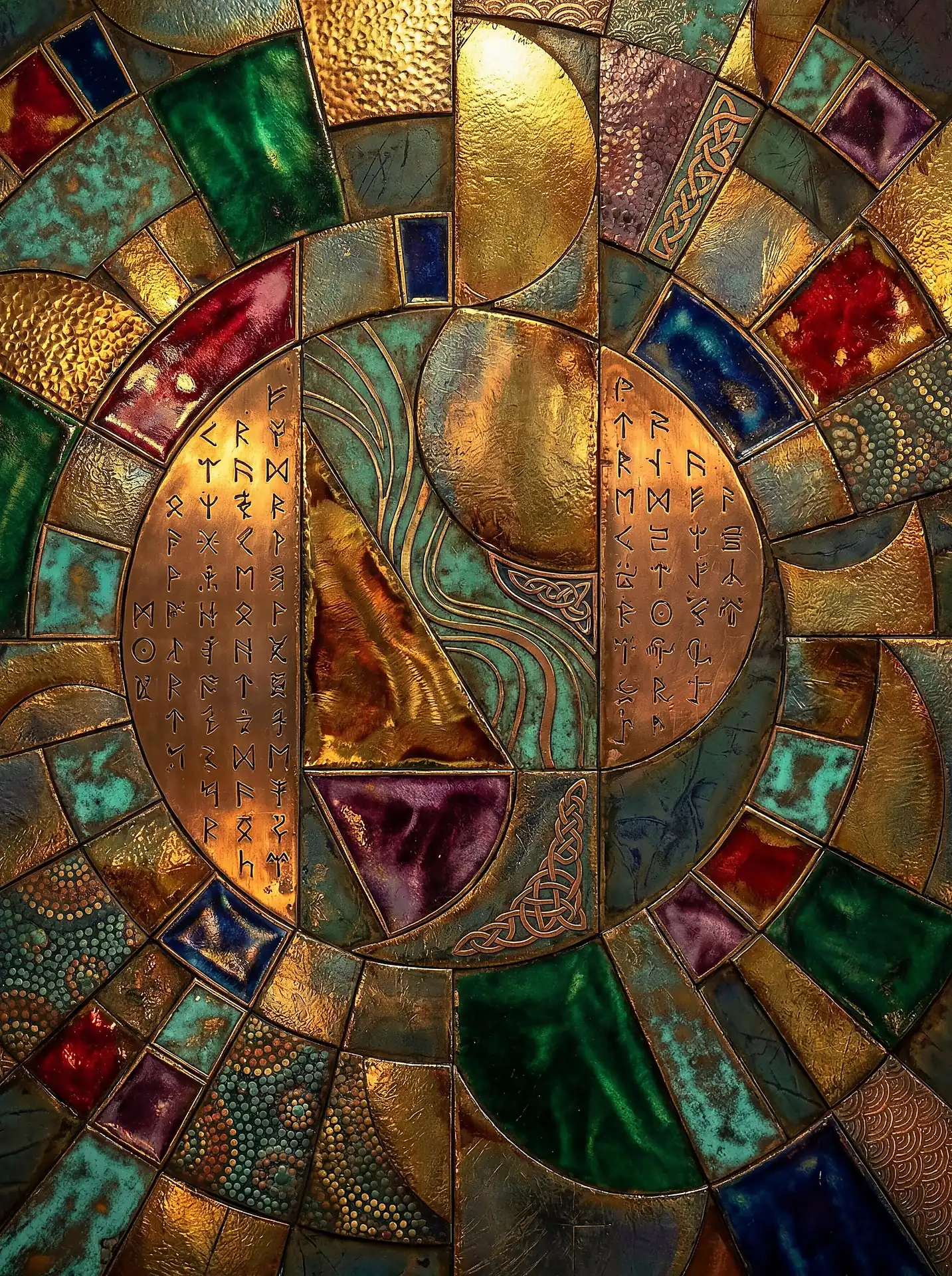 Nordic runic mosaic rendered in a mixed media style featuring hammered gold, copper patina, and vibrant enamel inlays. This intricate geometric composition blends ancient runes with weathered metallic textures and Celtic knotwork to evoke the feel of a mystical artifact. Artwork by Constantine Cheshire