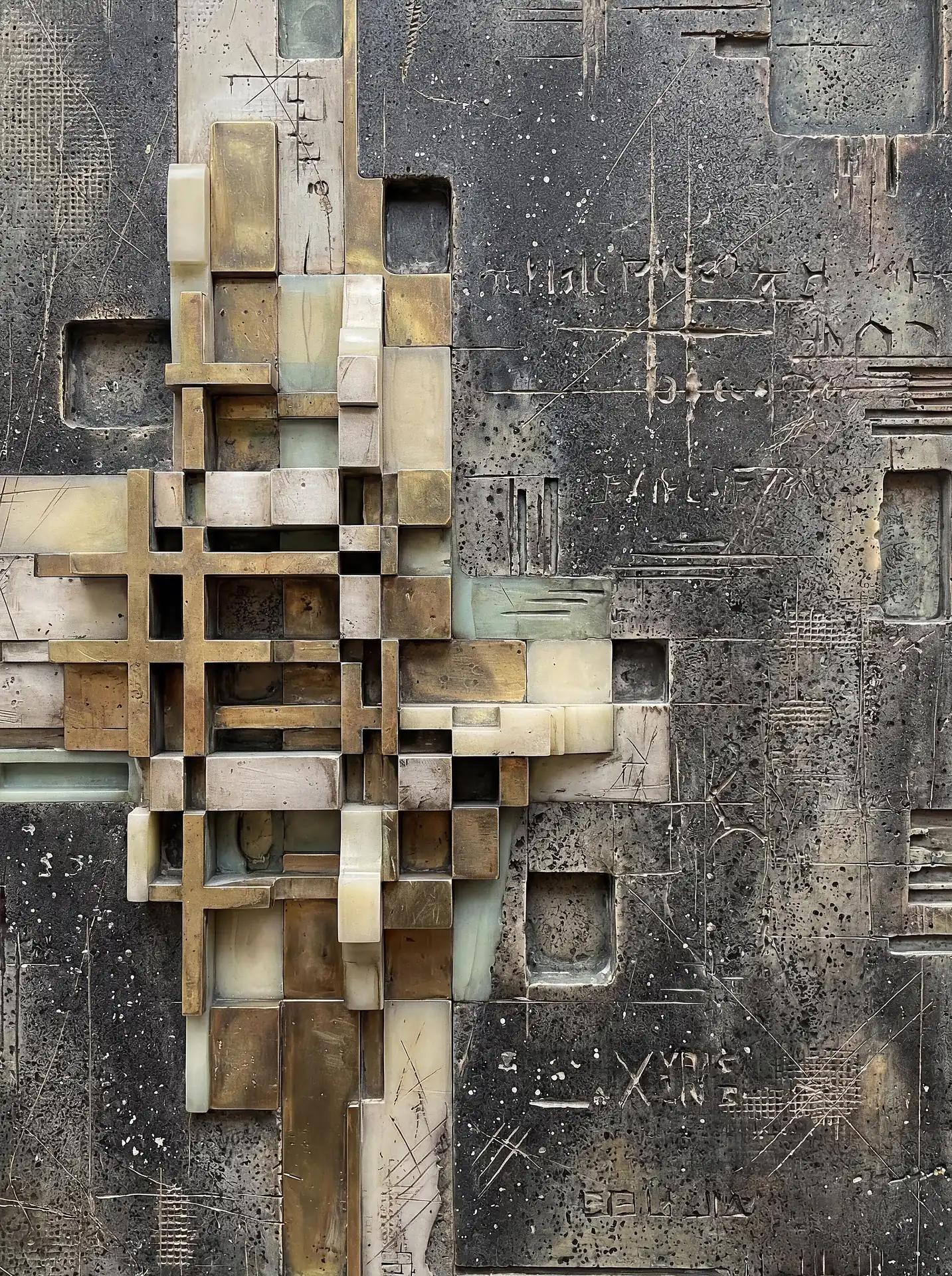 An industrial and somber atmosphere permeates this relief sculpture where textured bronze and cream cuboids emerge from a weathered charcoal surface. This mixed media piece combines architectural precision with rugged, hand-carved details and mysterious etched symbols. Artwork by Constantine Cheshire