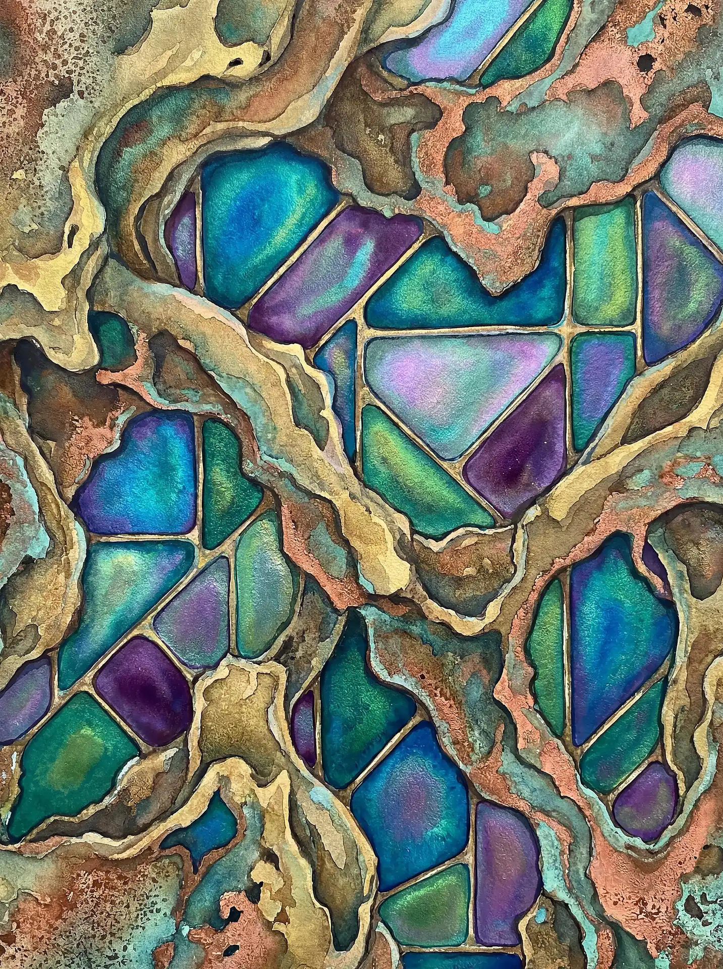 Swirling over vibrant geometric panes, rough organic textures in copper and tan create a striking contrast against deep blue and violet watercolor patterns. This abstract mixed media piece blends the structured look of stained glass with the fluid, raw shapes of natural minerals and earth. Artwork by Constantine Cheshire