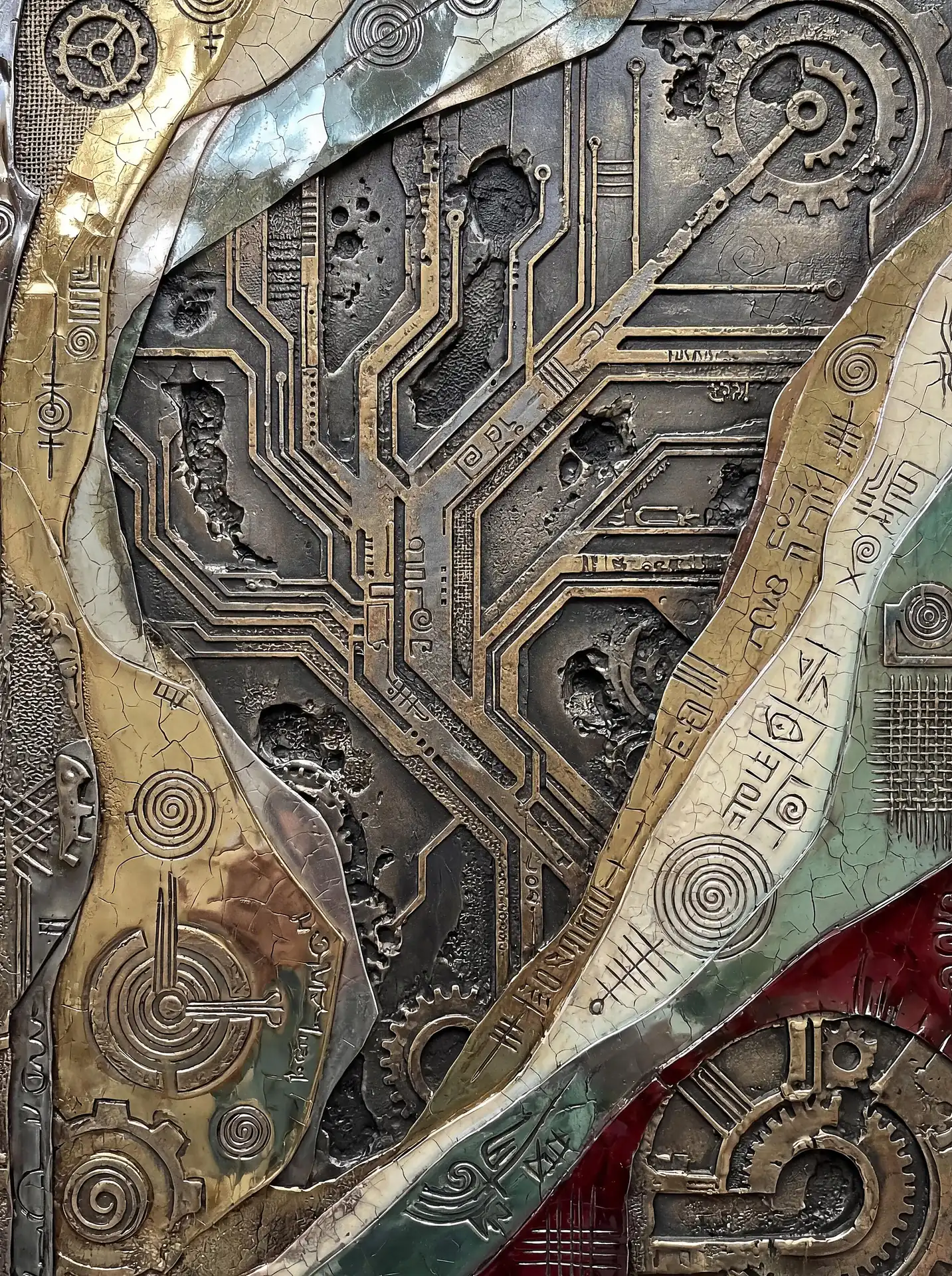 Layering of metallic plates creates a complex relief featuring golden circuit paths, weathered gears, and cryptic symbols. This industrial-style artwork blends bronze and silver textures with cracked surfaces to evoke a sense of ancient yet advanced technology. Artwork by Constantine Cheshire