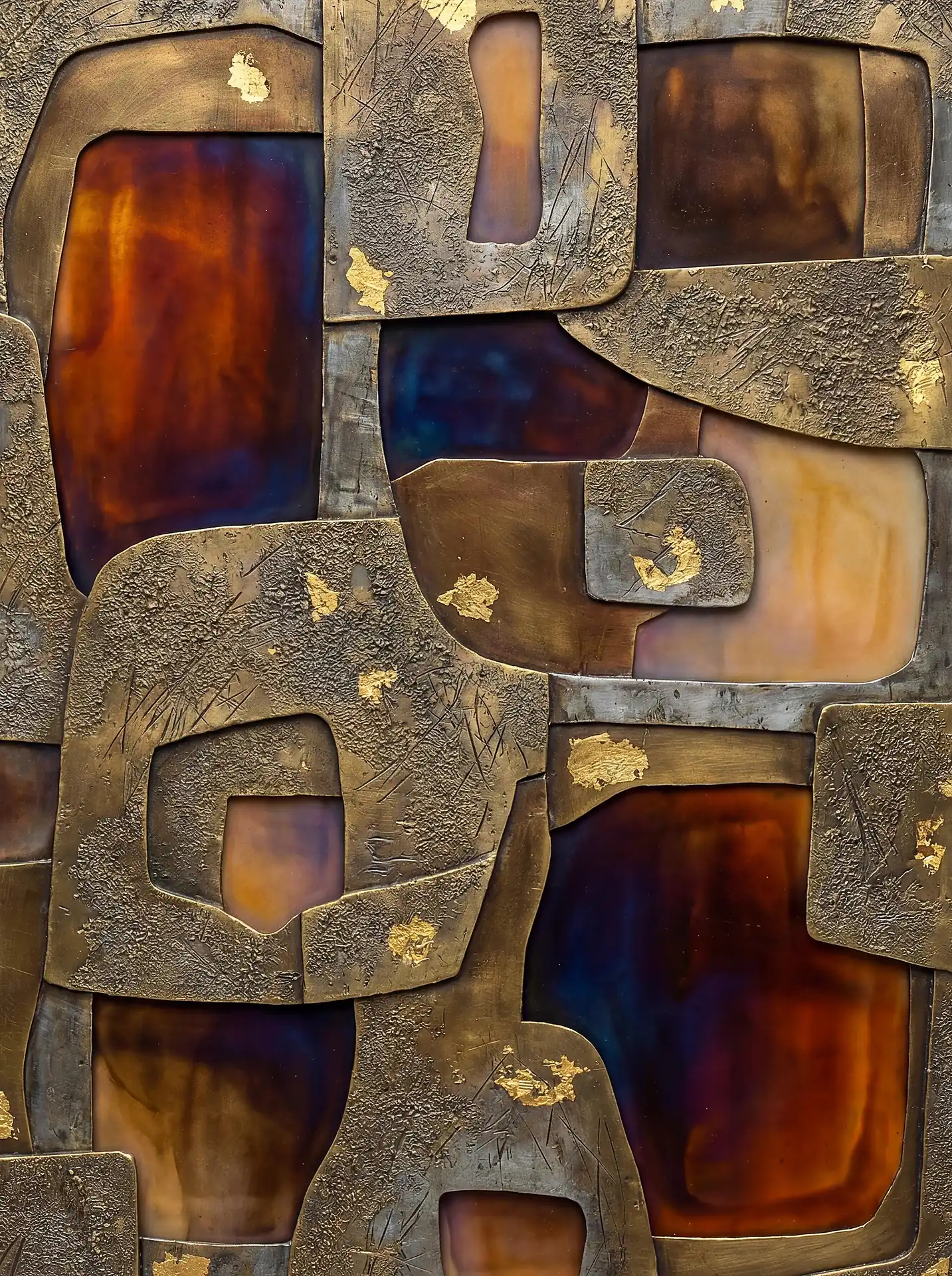 Deep amber light glows through translucent panels within this intricate wall sculpture made of textured bronze and gold leaf. The mid-century modern aesthetic combines industrial metalwork with warm, earthy tones to create a sophisticated focal piece for a contemporary room. Artwork by Constantine Cheshire