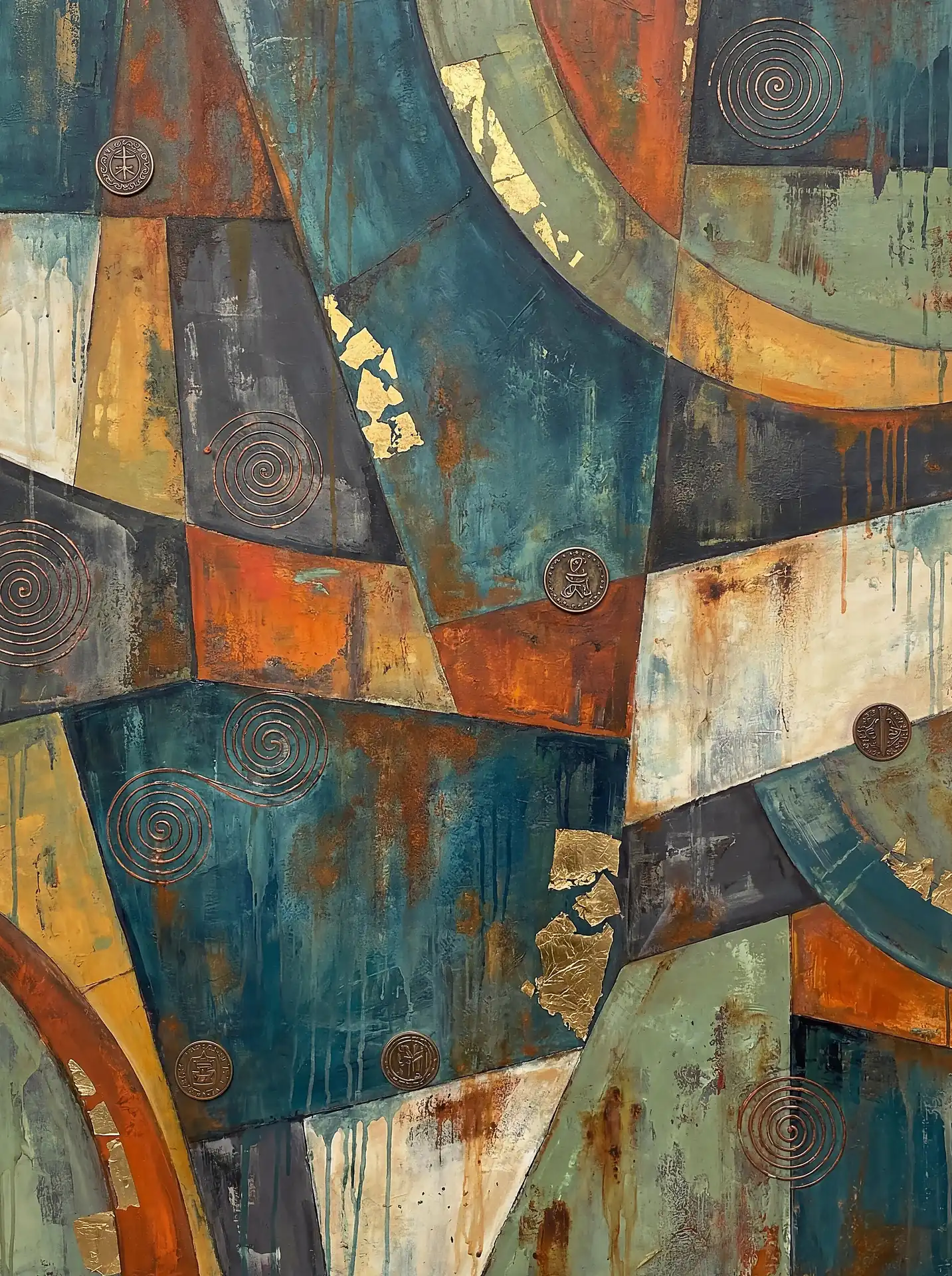 Atmospheric and ancient, this mixed media painting features weathered teal and rust geometric blocks embellished with delicate gold leaf and raised copper spirals. The industrial texture combined with earthy tones creates a sophisticated, aged aesthetic perfect for modern interior design. Artwork by Constantine Cheshire