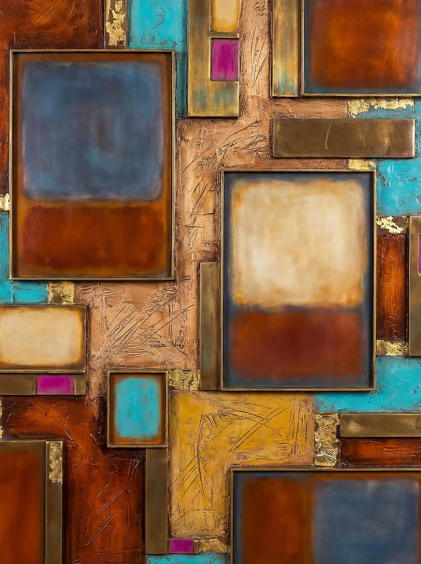 Copper and teal hues radiate from this abstract wall art featuring a collection of textured rectangular panels. The mixed media piece combines metallic bronze finishes with soft color fields and gold leaf accents for a sophisticated industrial aesthetic. Artwork by Constantine Cheshire