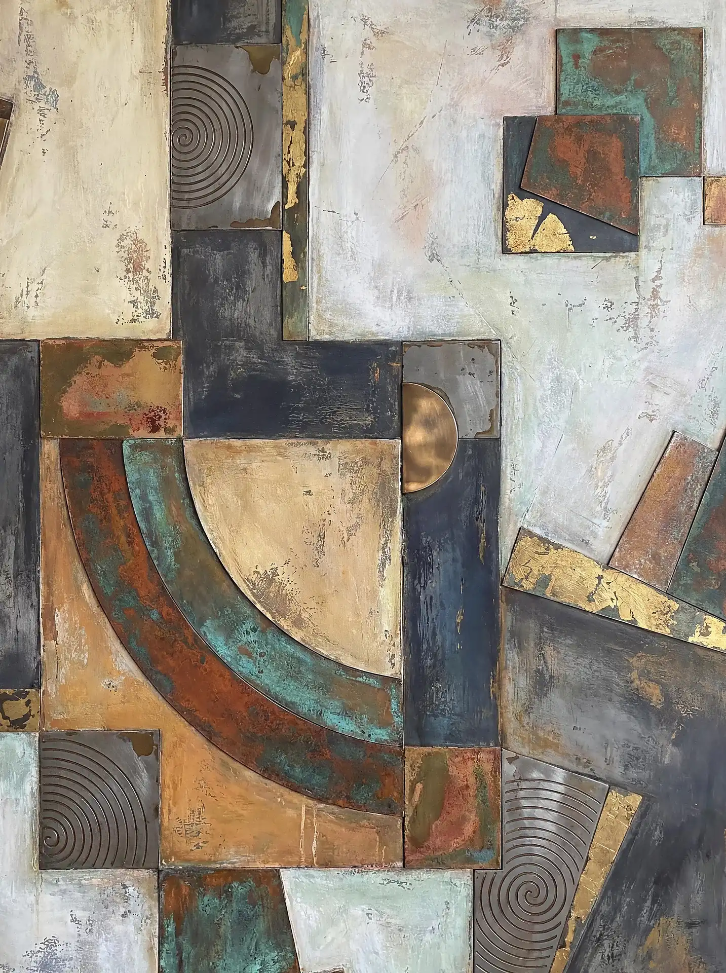 Layering of geometric shapes and textures creates a complex industrial composition featuring oxidized copper, verdigris, and genuine gold leaf accents. This mixed media artwork blends warm metallic tones with cool teal and neutral cream for a sophisticated, distressed aesthetic. Artwork by Constantine Cheshire