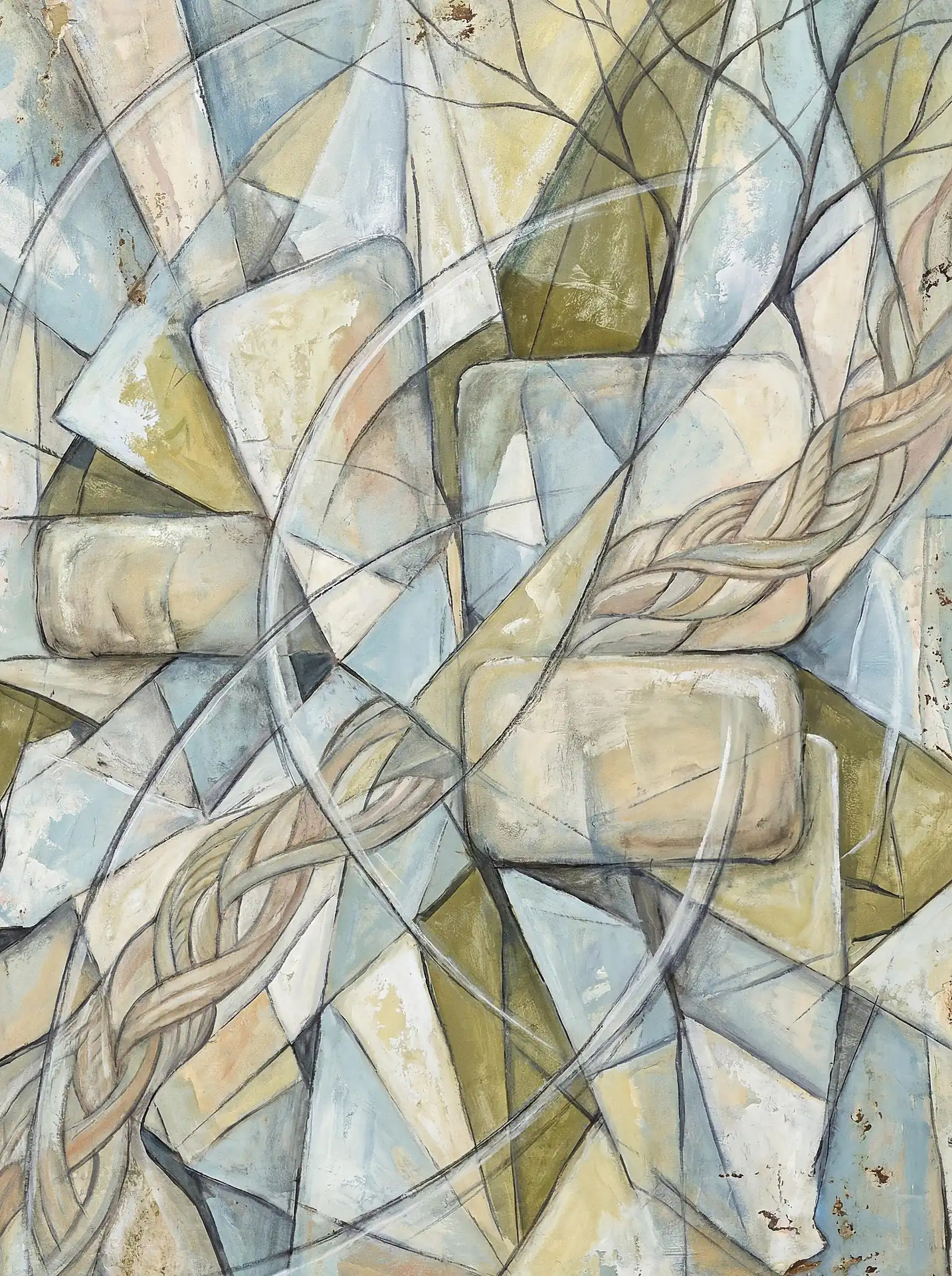 An introspective and cold atmosphere defines this abstract work filled with overlapping icy blue shards and woven rope-like patterns. This cubist-inspired piece uses sharp geometric lines, organic bare branches, and muted sage green tones to create a complex modern winter aesthetic. Artwork by Constantine Cheshire