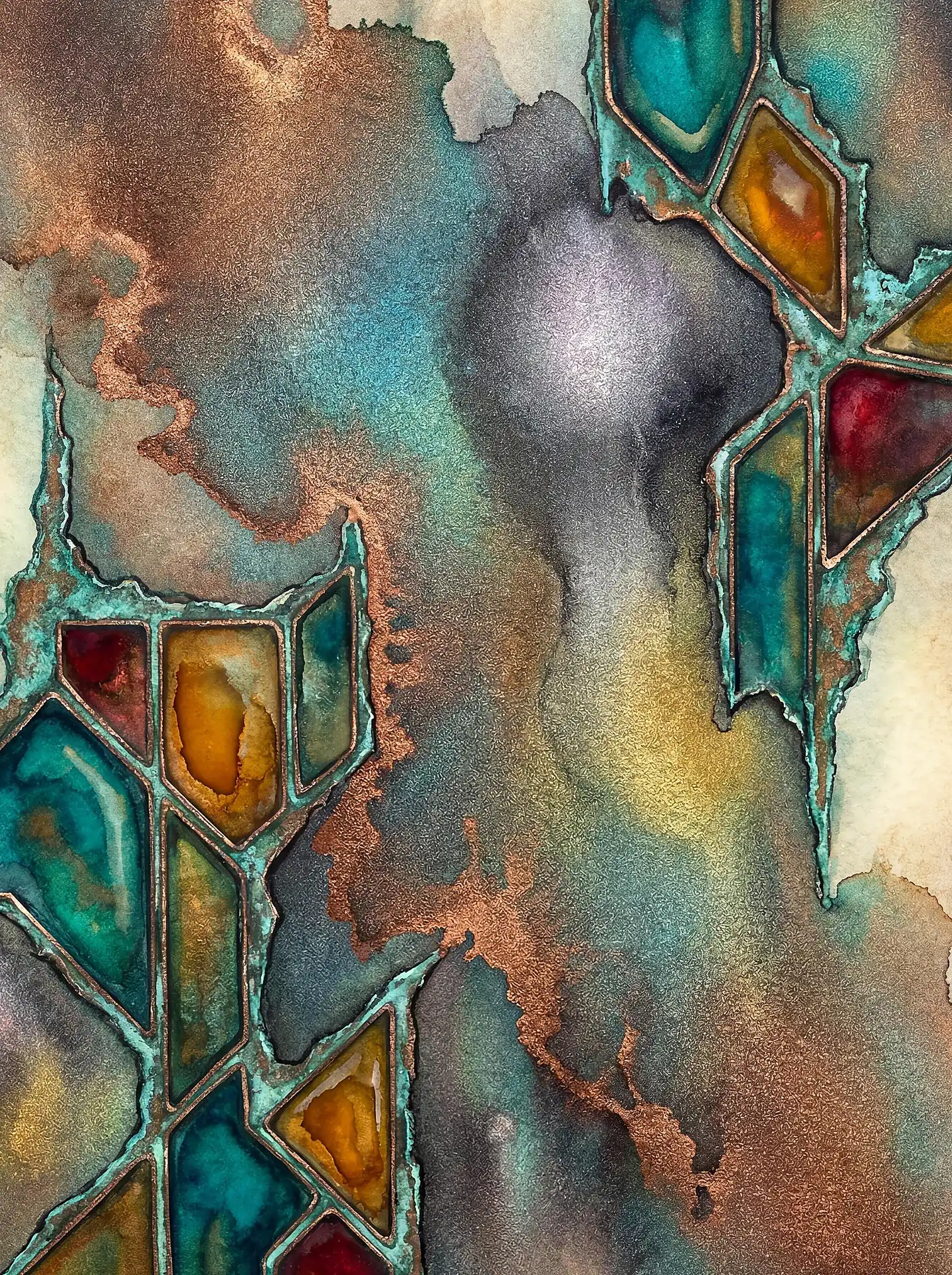 Ethereal and mystical atmosphere defines this mixed media artwork featuring glowing copper metallic textures that flow around sharp, jewel-toned geometric cells. The piece combines deep teal, amber, and burgundy hues with a shimmering grain to create a sense of geological mystery. Artwork by Constantine Cheshire