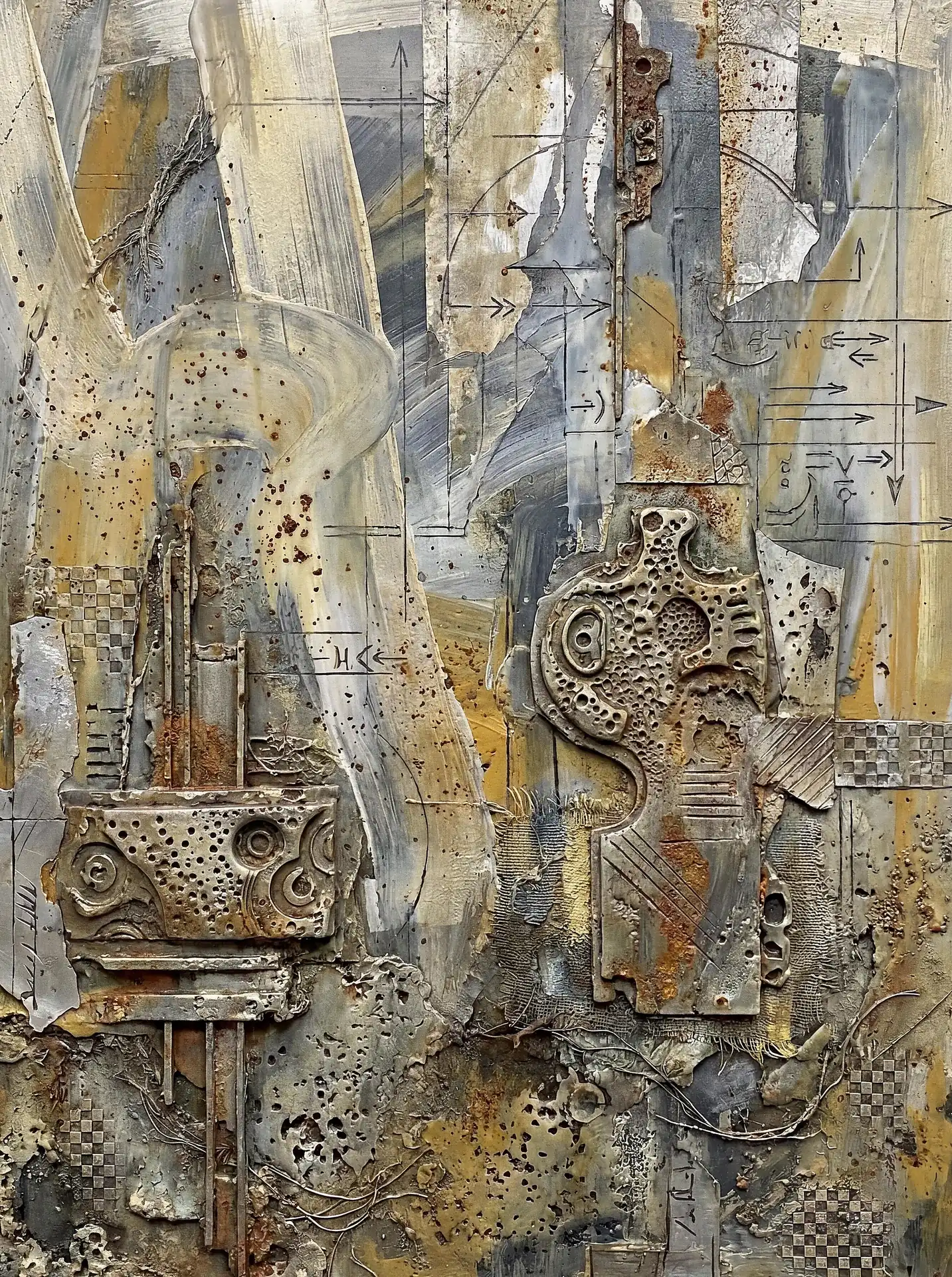 Somber and analytical, this mixed media collage combines weathered metallic textures with delicate technical diagrams and rusted mechanical components. The artwork balances the precision of engineering sketches against the organic decay of corroded surfaces in a palette of slate gray, ochre, and iron rust. Artwork by Constantine Cheshire