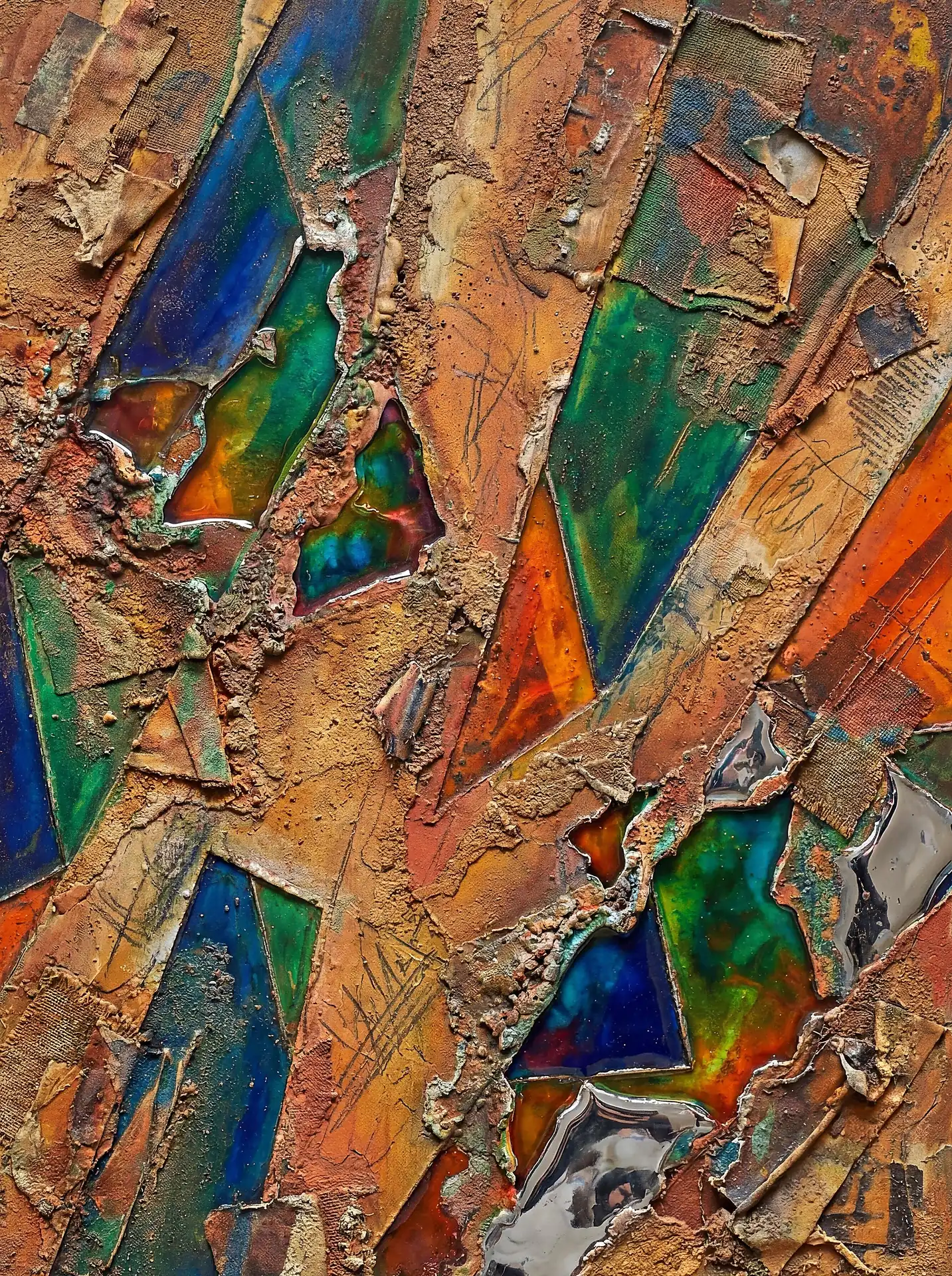 Sandy textures and rough fabric edges contrast with smooth, translucent geometric shapes in a vibrant earth-toned composition. Iridescent blues and greens emerge from the rust-colored layers of this industrial abstract piece. Artwork by Constantine Cheshire