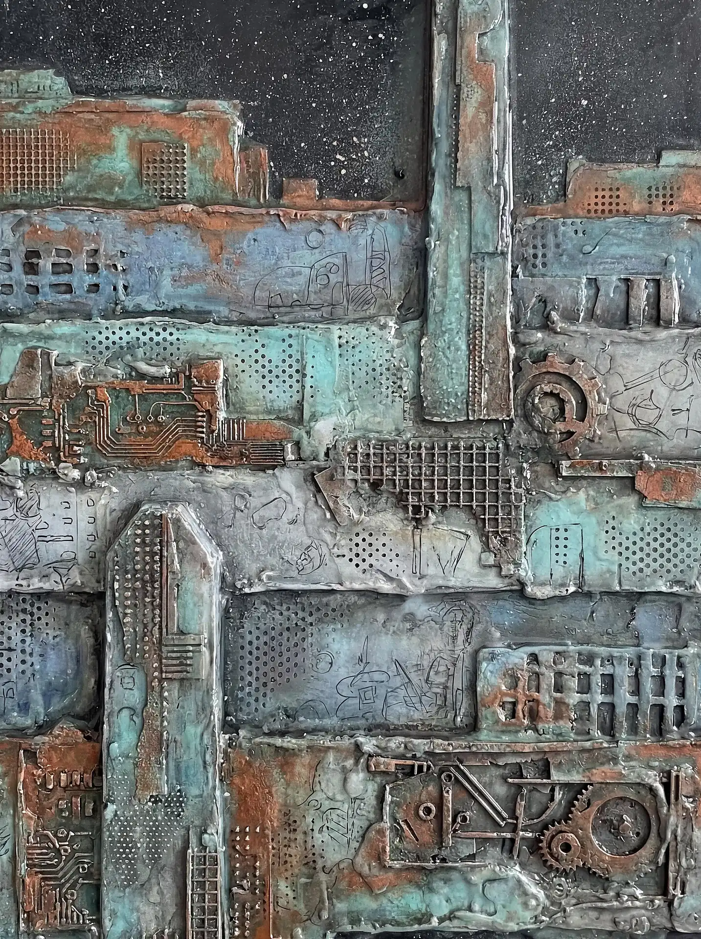 Dark and metallic, this mixed-media relief sculpture depicts a gritty industrial cityscape. The artwork combines weathered copper gears, circuit patterns, and verdigris textures to create a dystopian, mechanical atmosphere against a speckled black background. Artwork by Constantine Cheshire