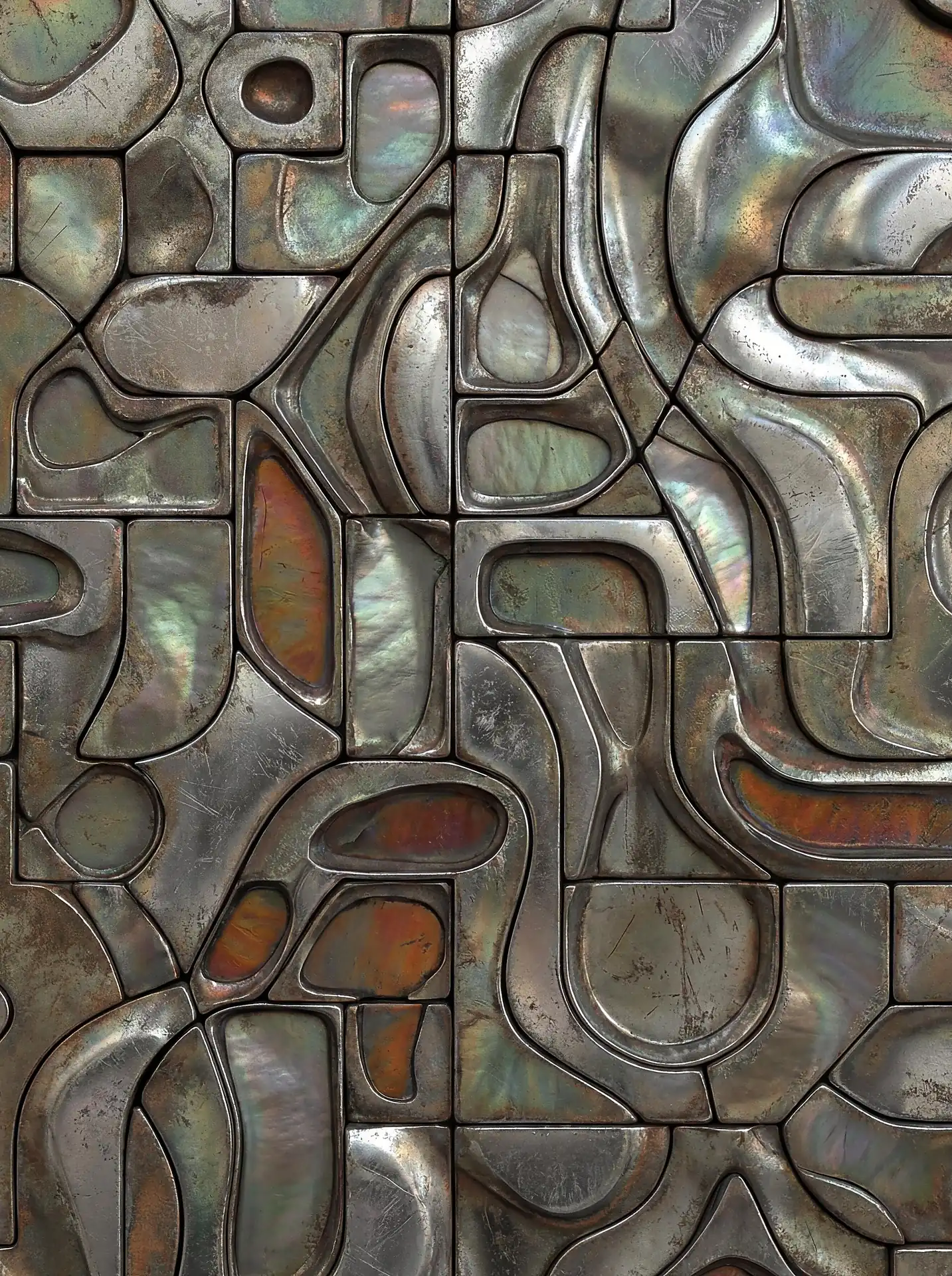 Organic iridescent shell pieces are inlaid within a weathered brushed metal grid in this abstract mosaic. This industrial-style artwork combines raw steel textures with shimmering pearlescent colors to create a modern, futuristic architectural aesthetic. Artwork by Constantine Cheshire