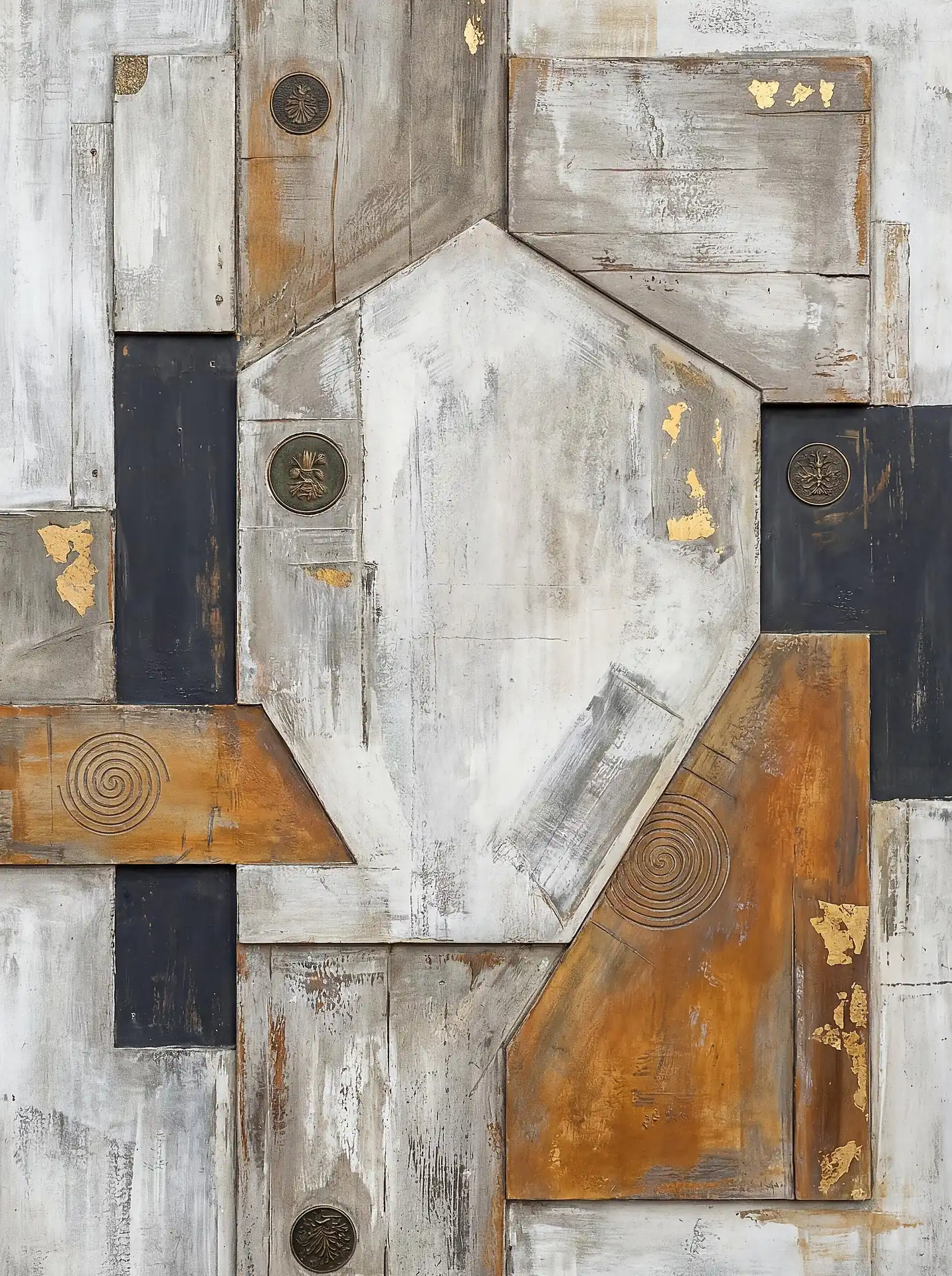 Weathered wood textures and shimmering gold leaf compose this sophisticated geometric abstract piece featuring metallic medallions and spiral engravings. The neutral palette of white, charcoal, and ochre creates a calm, architectural mood suitable for contemporary interiors. Artwork by Constantine Cheshire