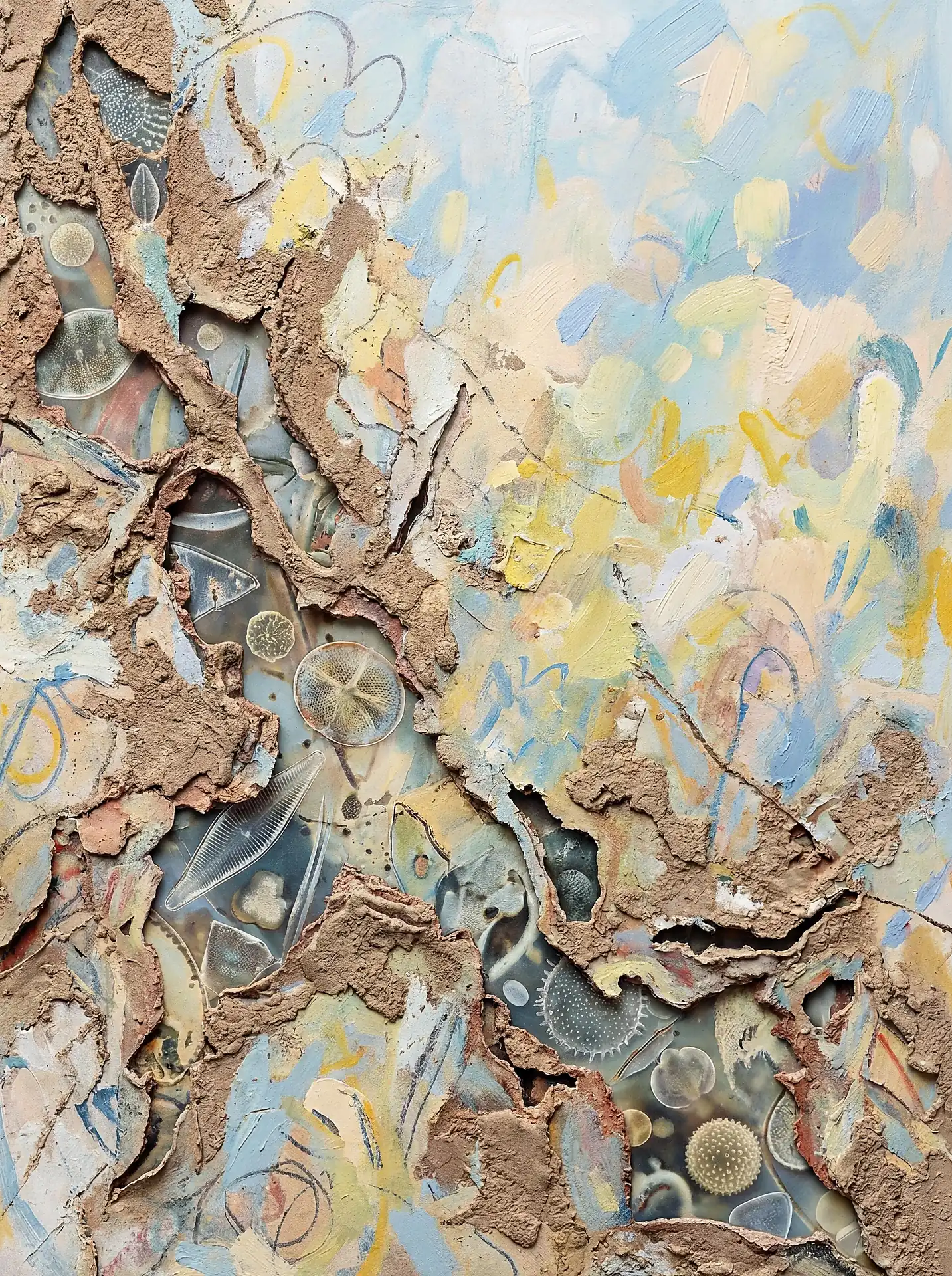 Peeling away thick layers of cracked earth reveals a hidden world of soft pastel brushstrokes and intricate microscopic diatoms. This mixed media piece juxtaposes heavy, tactile mud textures with delicate blues and yellows to create a sense of biological discovery and geological time. Artwork by Constantine Cheshire