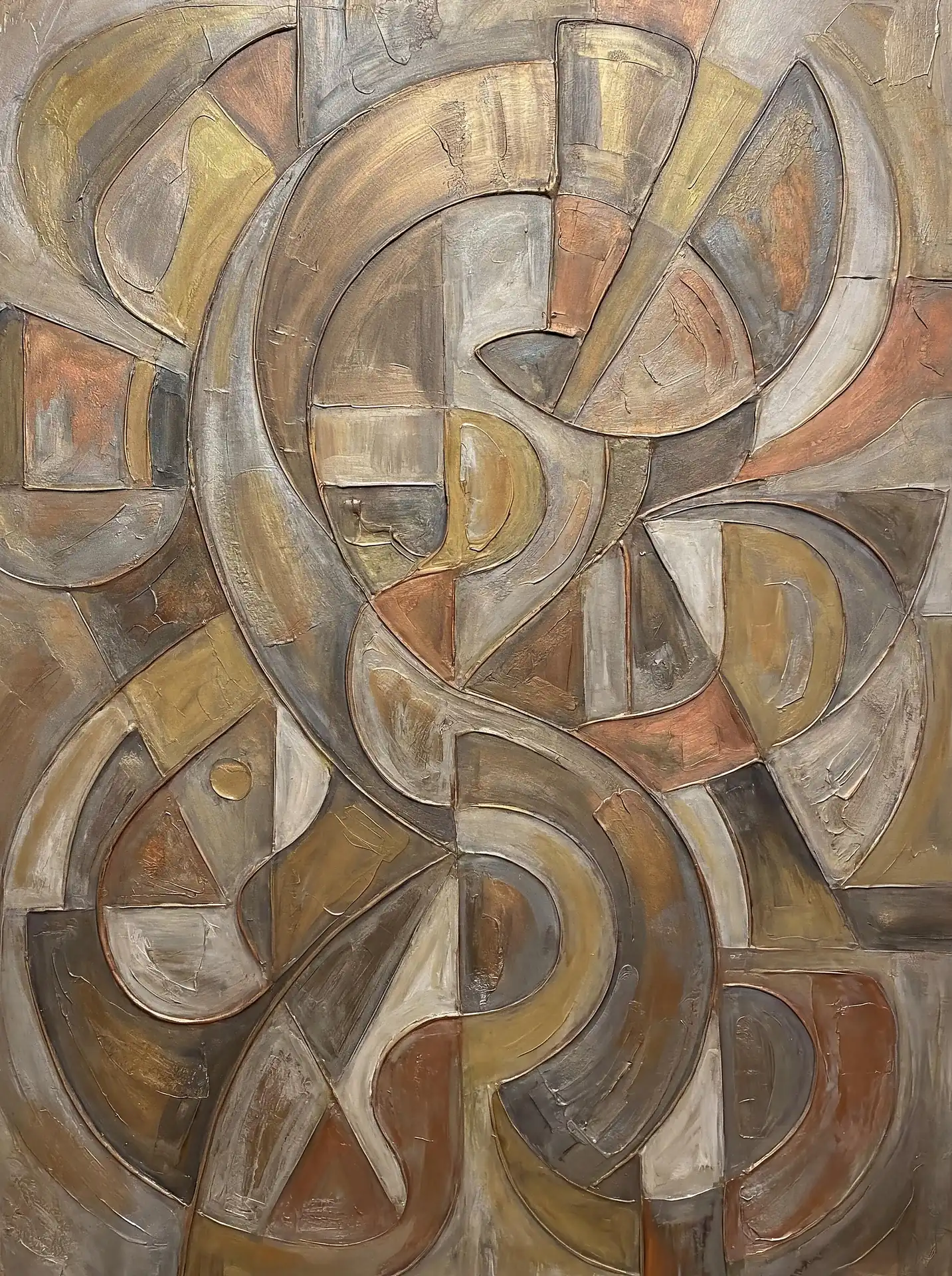 Swirling across the canvas, this abstract geometric painting features heavily textured metallic gold and silver shapes intertwined with earth-toned segments. The contemporary artwork utilizes thick impasto techniques to create a relief-like surface that evokes a sense of industrial sophistication and fluid movement. Artwork by Constantine Cheshire