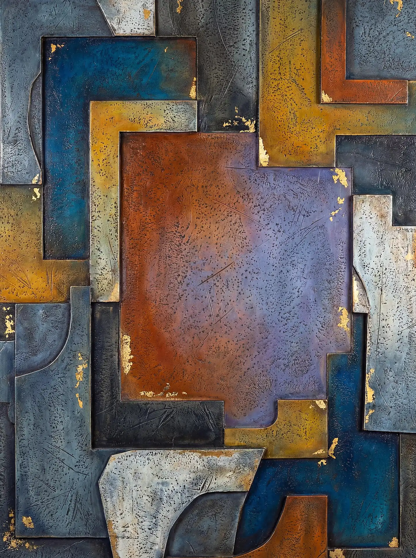 Weathered metal and oxidized copper plates interlock in a complex geometric bas-relief with delicate gold leaf accents. This contemporary abstract piece features deep teal and rust tones, creating a sophisticated industrial aesthetic for modern interior spaces. Artwork by Constantine Cheshire