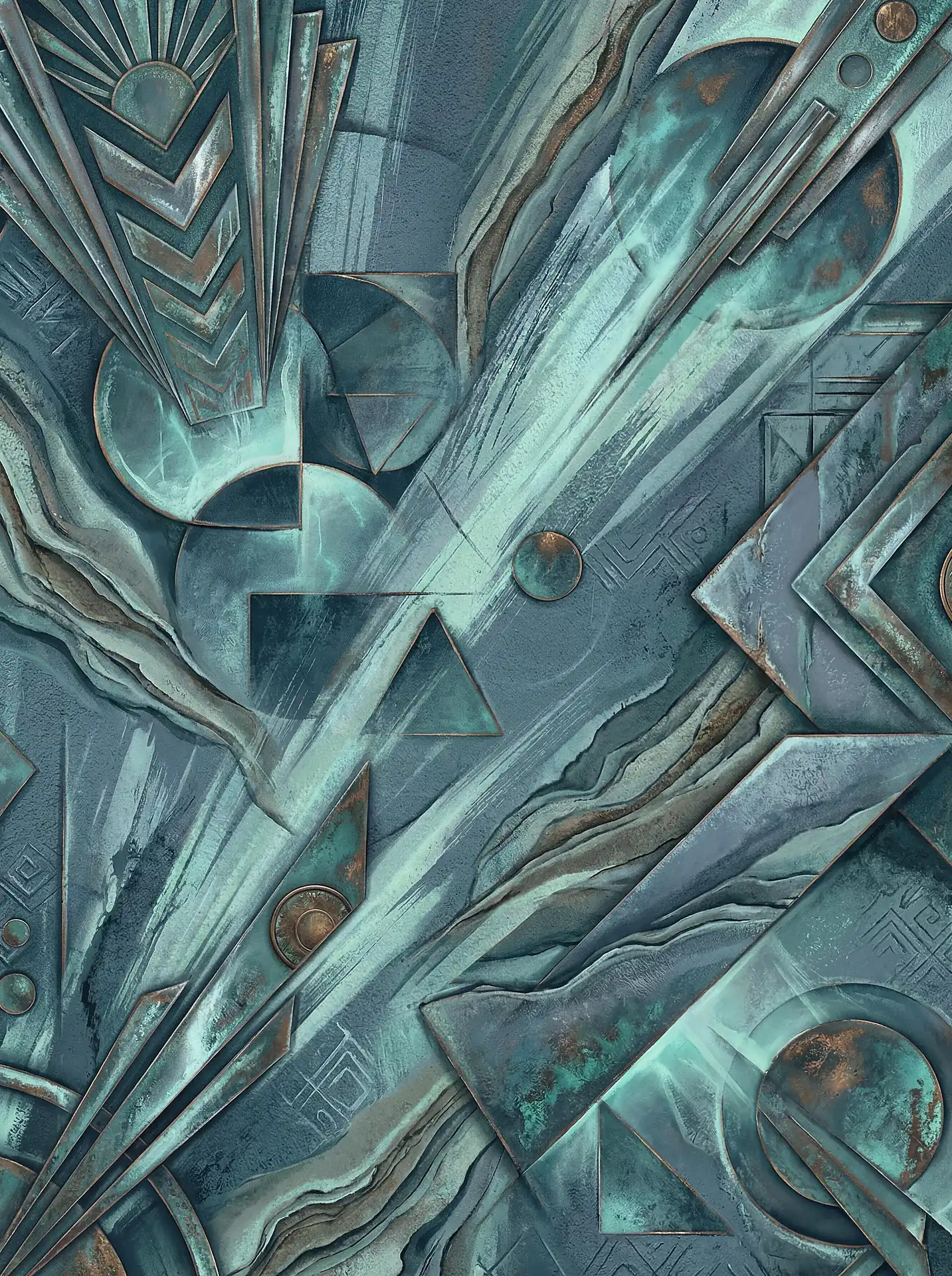 Geometric metal relief sculpture blends Art Deco motifs with an industrial, weathered aesthetic. This intricate composition features layers of oxidized copper and verdigris teal plates arranged in sharp diagonal lines and celestial shapes. Artwork by Constantine Cheshire