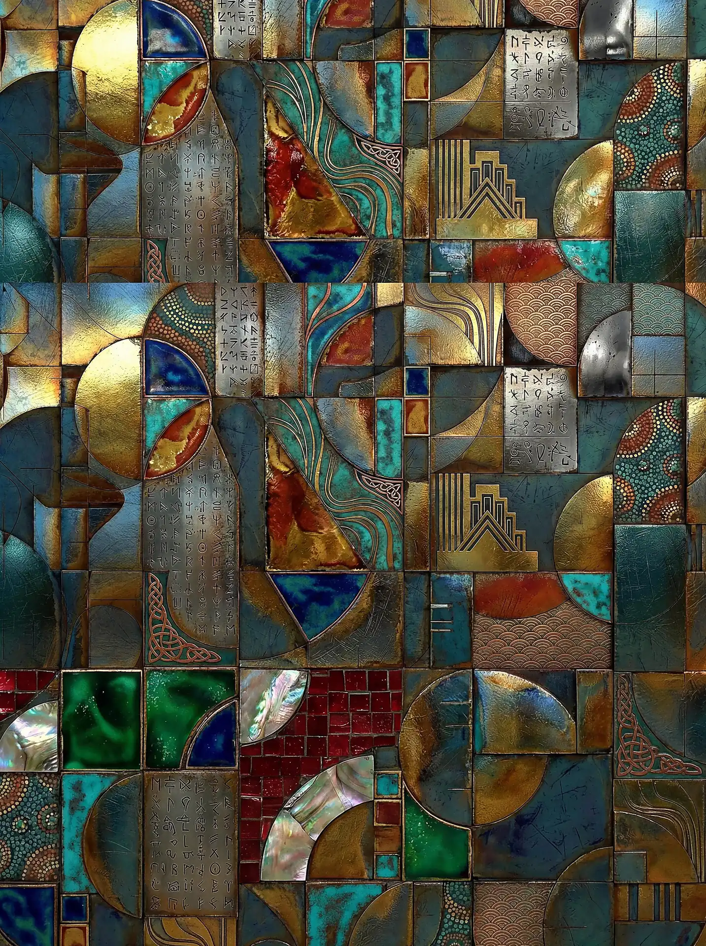 Flowing across the surface, this intricate mixed-media mosaic combines burnished gold leaf, teal textures, and etched ancient scripts. The relief artwork features a complex arrangement of geometric shapes, metallic panels, and mother-of-pearl insets for a luxurious, aged aesthetic. Artwork by Constantine Cheshire