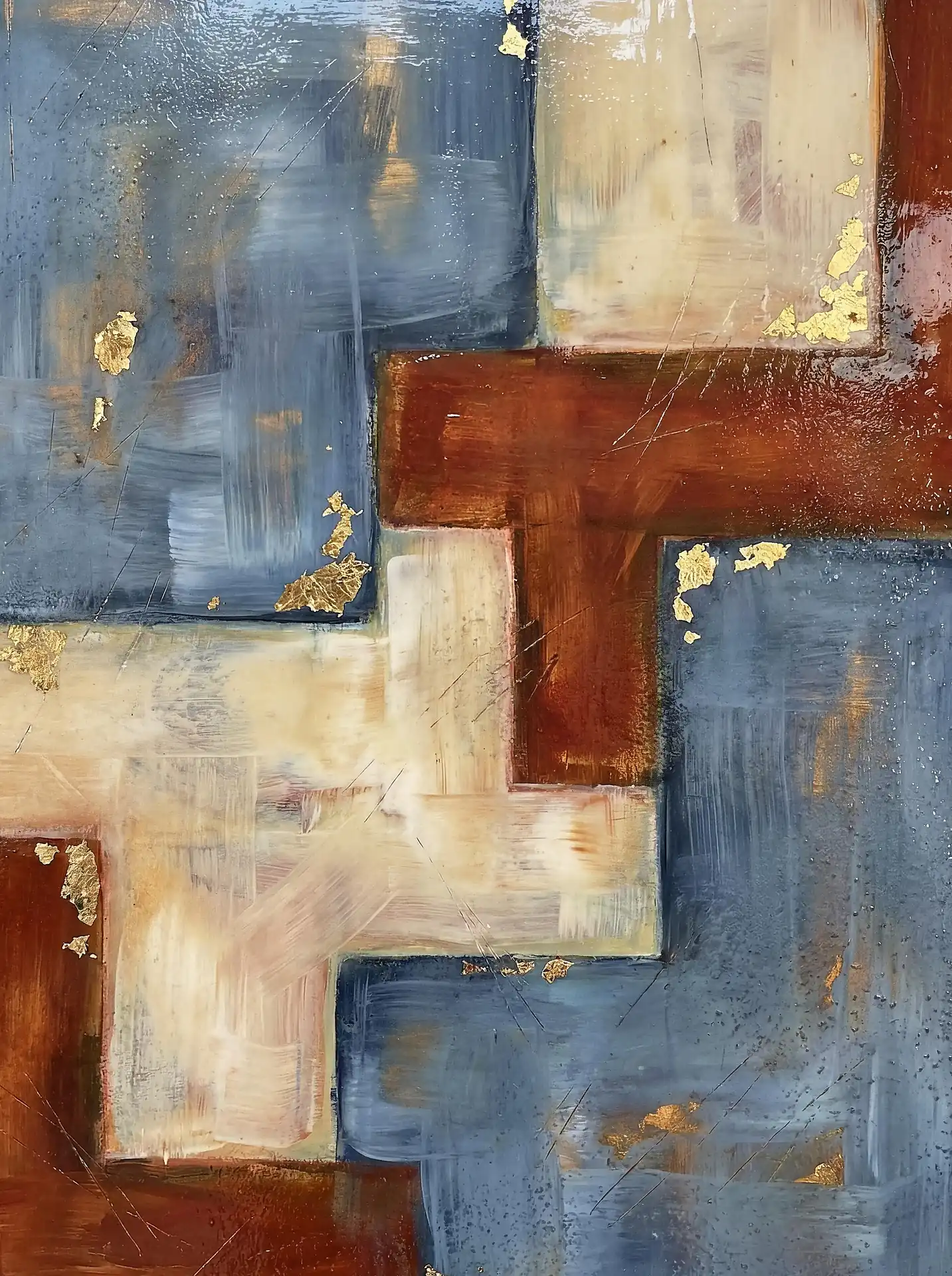Golden light reflects off metallic flakes in this textured abstract composition of interlocking navy and terracotta blocks. This contemporary painting features heavy brushstrokes and etched details, creating a sophisticated industrial mood for modern interior design. Artwork by Constantine Cheshire