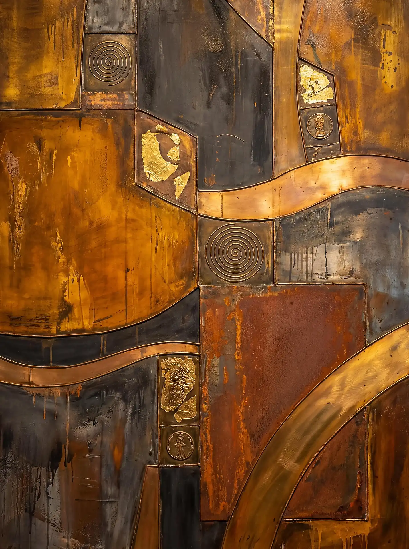 Flowing across the surface, these metallic panels combine rusted copper with gold leaf and embossed spirals. This industrial mixed-media piece features a rich palette of burnt orange, charcoal, and gold, offering a weathered yet luxurious aesthetic with heavy textural detail. Artwork by Constantine Cheshire