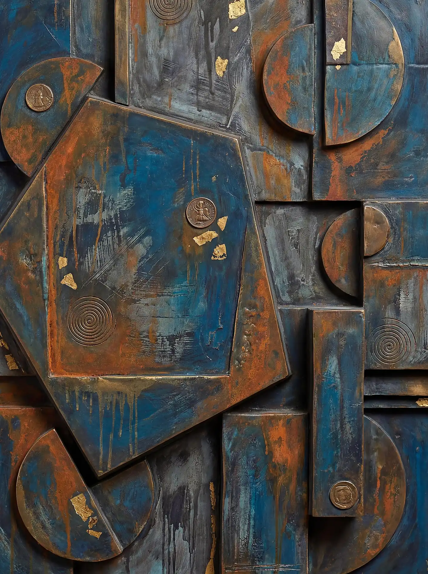 Deep blue tones and warm metallic highlights illuminate this intricate mixed media relief sculpture featuring geometric shapes and weathered textures. The industrial composition combines rusted copper accents with gold leaf and embedded coins to create a layered, ancient aesthetic. Artwork by Constantine Cheshire