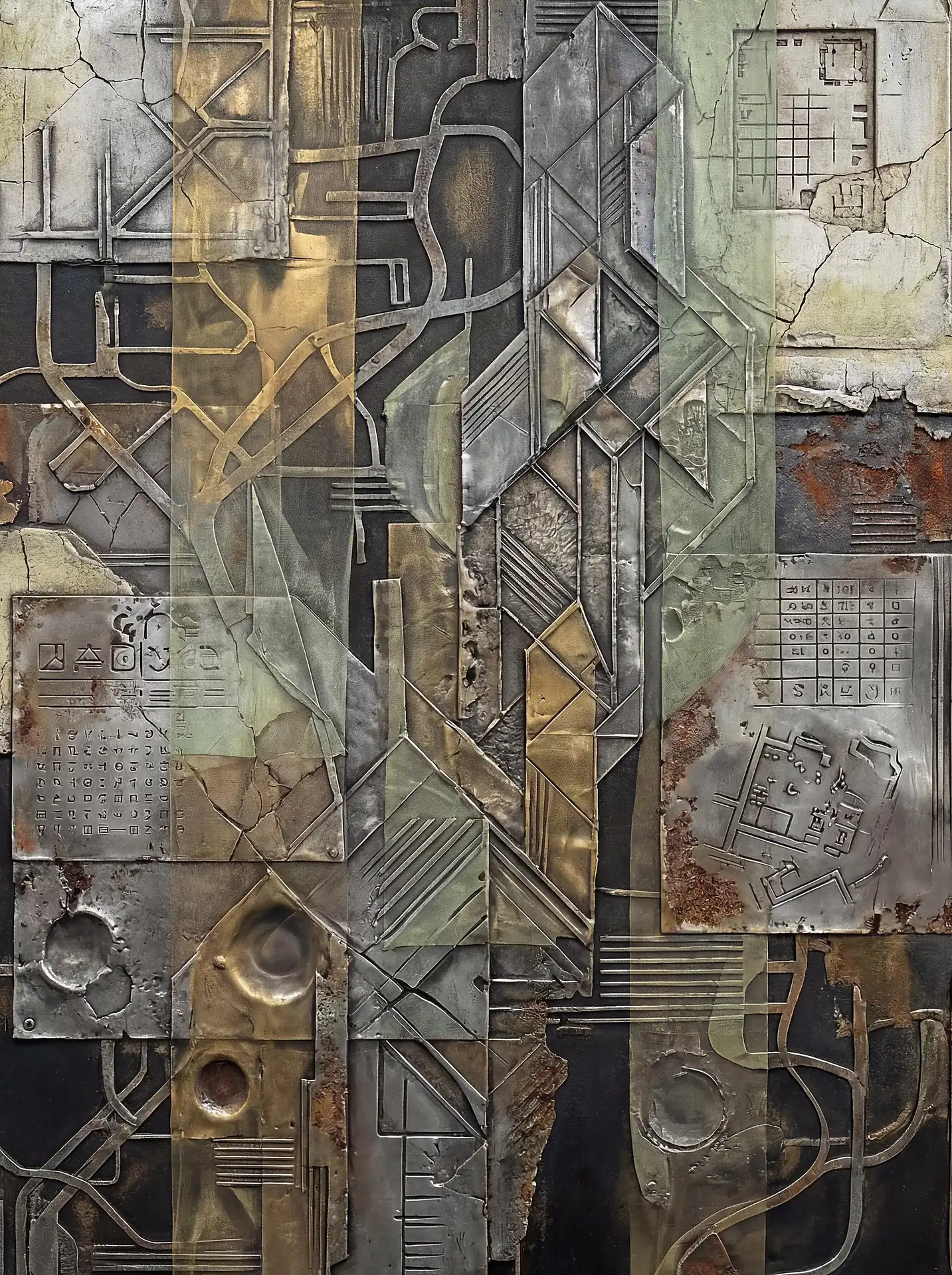 Rising and falling across the surface, this intricate mixed-media relief combines weathered metal plates with etched technical diagrams and circuit patterns. The composition features a somber palette of silver, gold, and oxidized rust, evoking a moody sense of ancient machinery or futuristic architectural ruins. Artwork by Constantine Cheshire