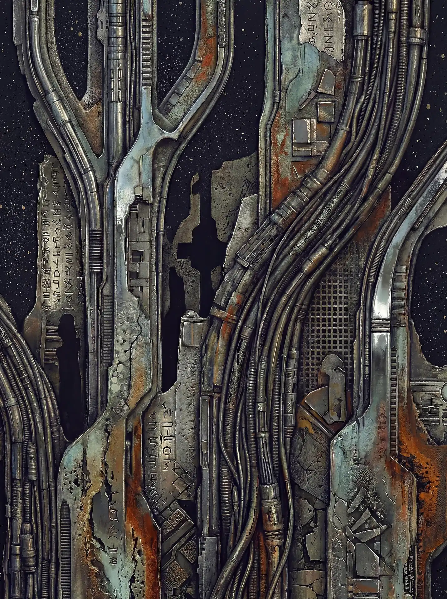 Flowing upward through the darkness, these intricate pipes and cables form the weathered exterior of a futuristic spacecraft. This gritty science fiction scene features rusted metal textures and mysterious alien script set against a starry cosmic backdrop. Artwork by Constantine Cheshire