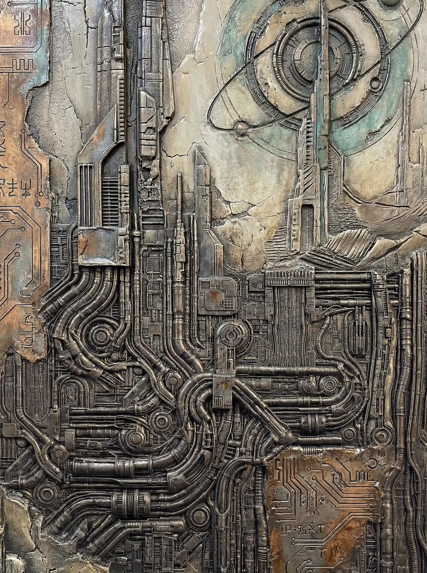 Winding through a mechanical landscape, these intricate conduits and soaring towers merge with celestial charts in a weathered stone bas-relief. This industrial artwork features metallic bronze and copper tones against a cracked background, evoking a sense of lost advanced civilizations and futuristic ruins. Artwork by Constantine Cheshire