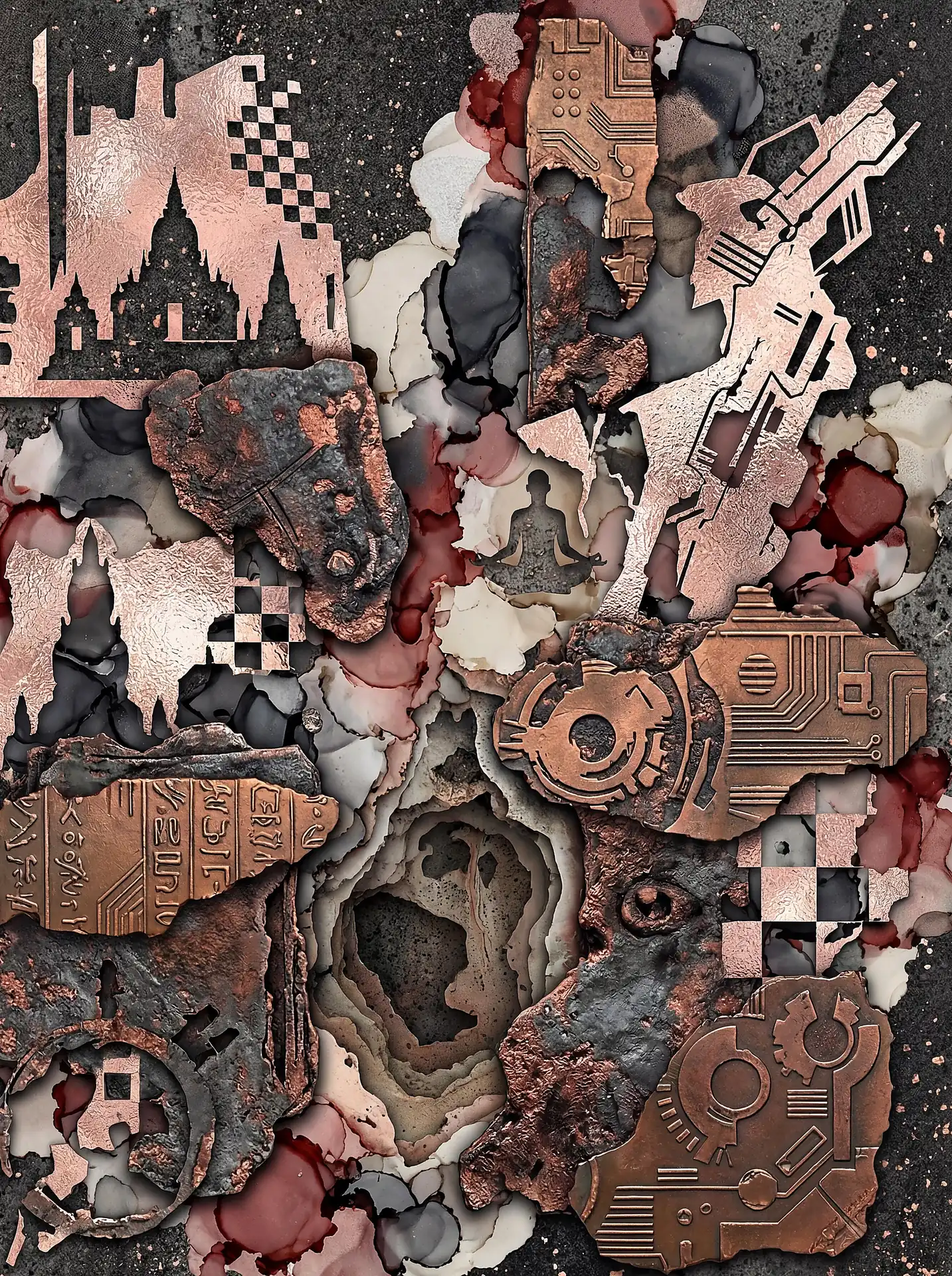 Industrial and contemplative atmosphere defines this mixed media piece featuring metallic copper circuit fragments and spiritual silhouettes. The composition blends weathered textures with ink washes in a complex layered arrangement of technological and organic shapes. Artwork by Constantine Cheshire