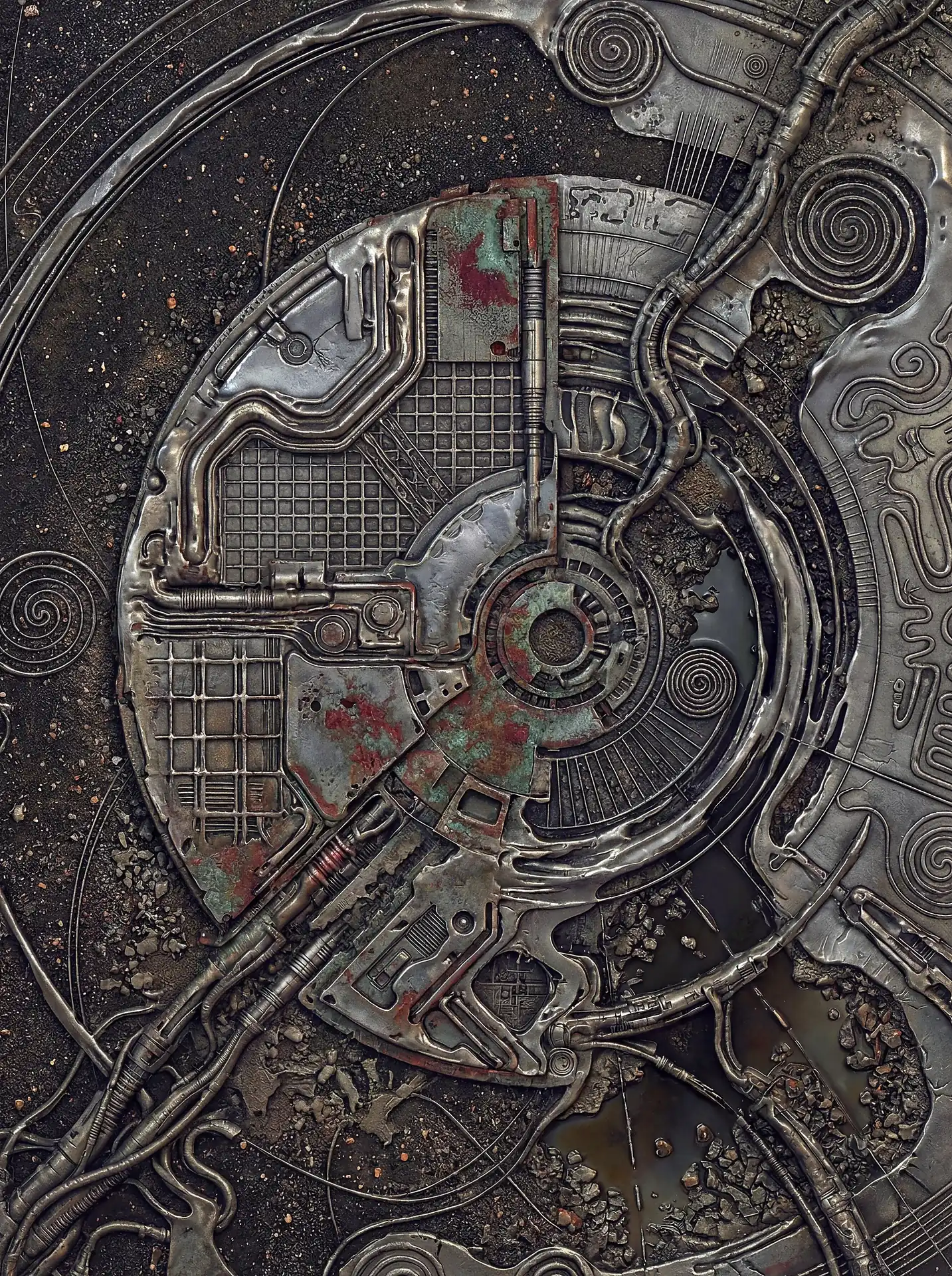 The circular layering of rusted metal plates and intricate wiring creates a complex, biomechanical aesthetic. This industrial steampunk design features weathered textures, gridded patterns, and metallic spirals in a gritty, futuristic style. Artwork by Constantine Cheshire