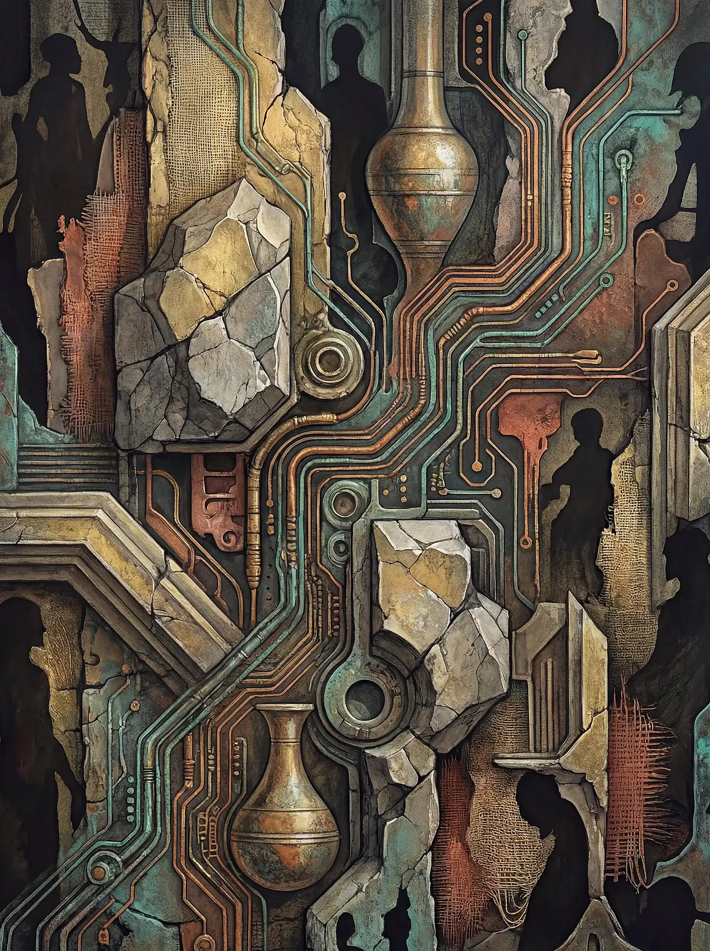 Earthy bronze and teal tones illuminate an intricate mural blending futuristic computer circuitry with ancient stone ruins. This surreal composition features shadowy human figures and weathered textures, creating a sense of archaeological discovery in a high-tech world. Artwork by Constantine Cheshire